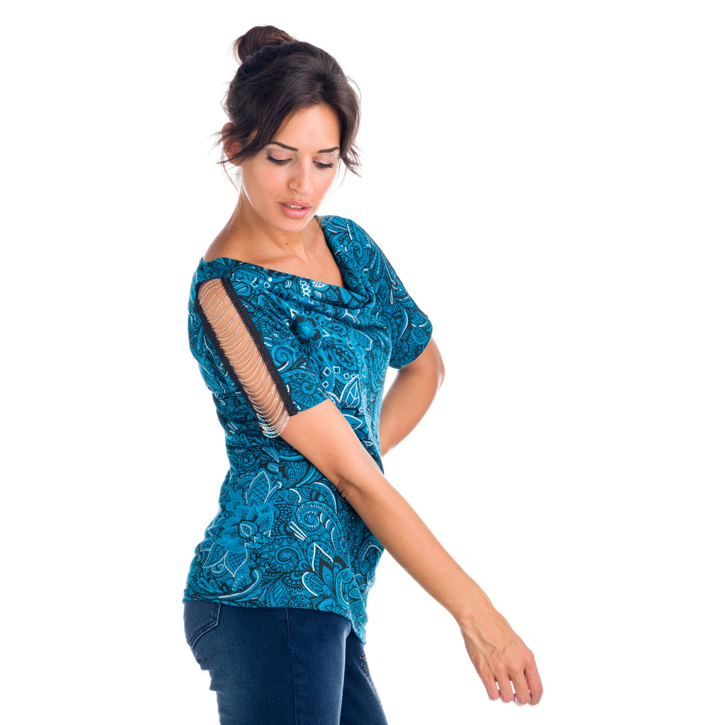 Top Estampado Mujer Cuello Drapeado con Cadenas en Mangas – Koroshi 1822TP14