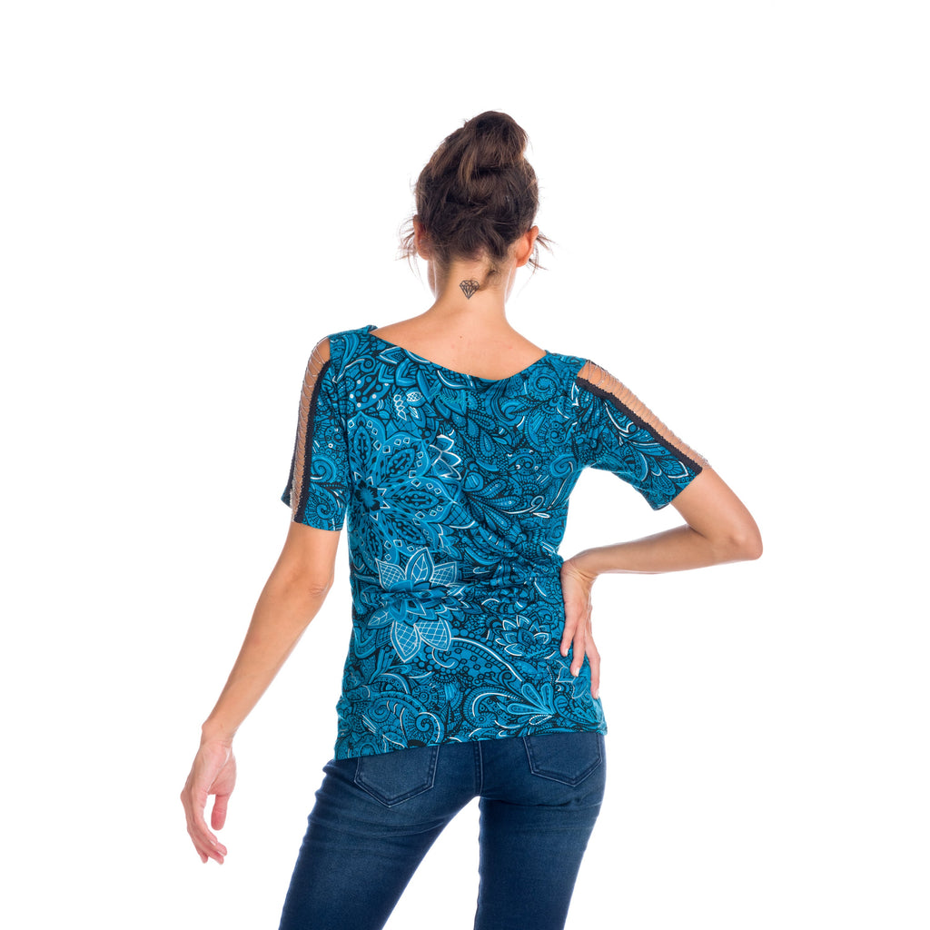Top Estampado Mujer Cuello Drapeado con Cadenas en Mangas – Koroshi 1822TP14