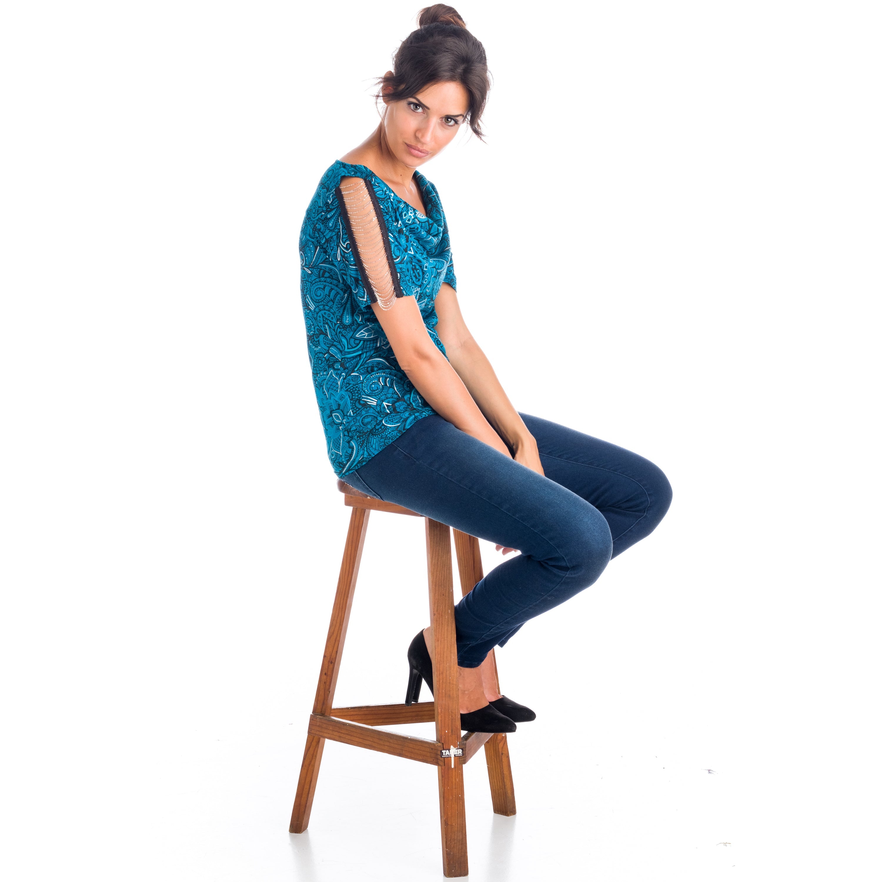 Top Estampado Mujer Cuello Drapeado con Cadenas en Mangas – Koroshi 1822TP14