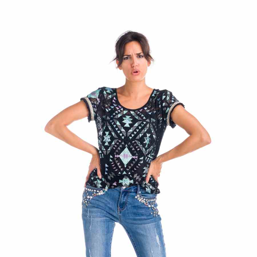 Top Crochet Estampado Étnico Manga Corta Mujer – Koroshi Negro