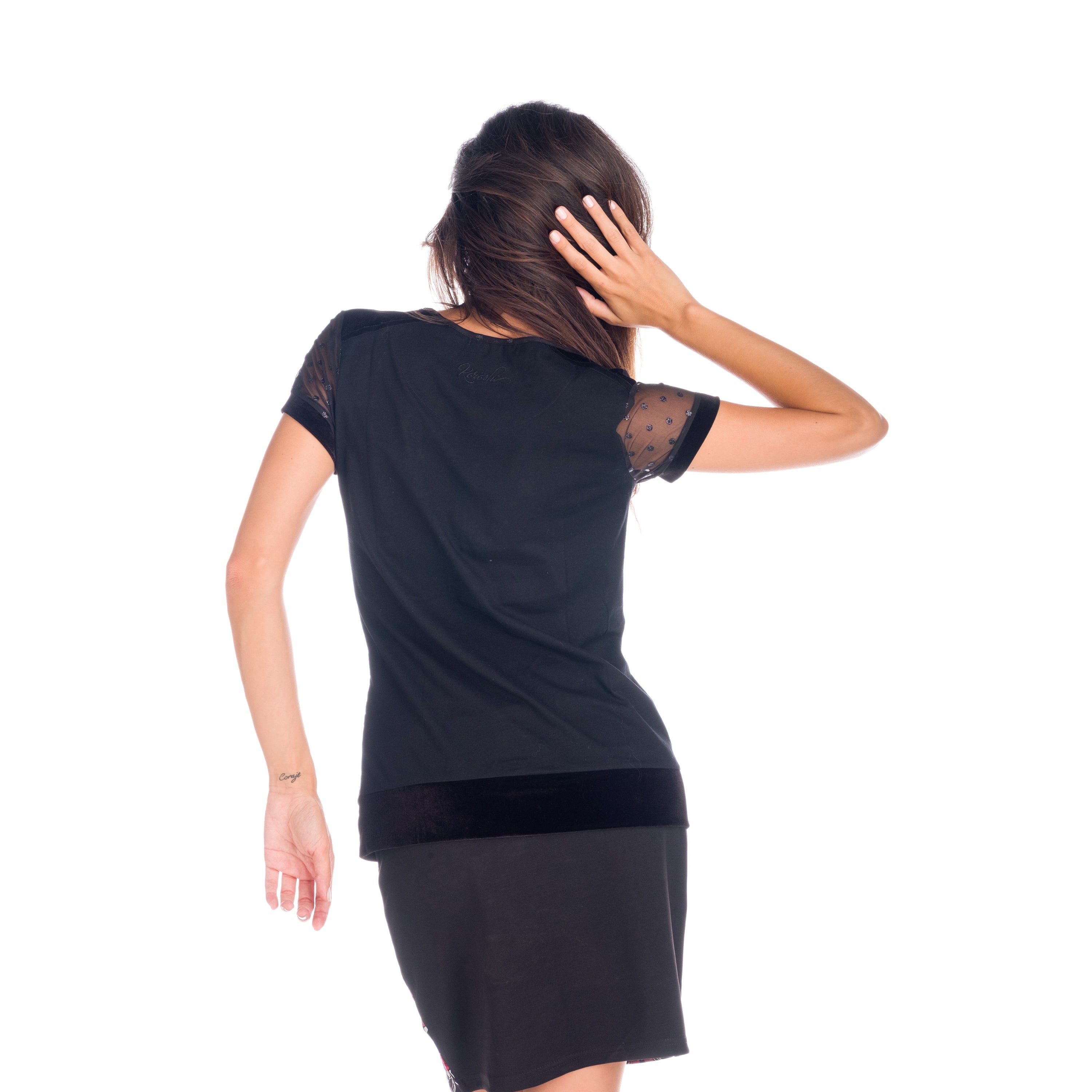 Top Combinado Texturas con Tul Manga Corta Mujer – Koroshi Negro