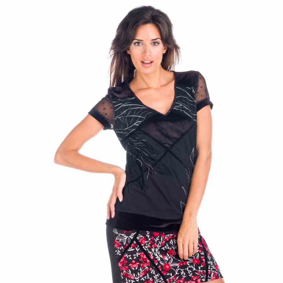 Top Combinado Texturas con Tul Manga Corta Mujer – Koroshi Negro