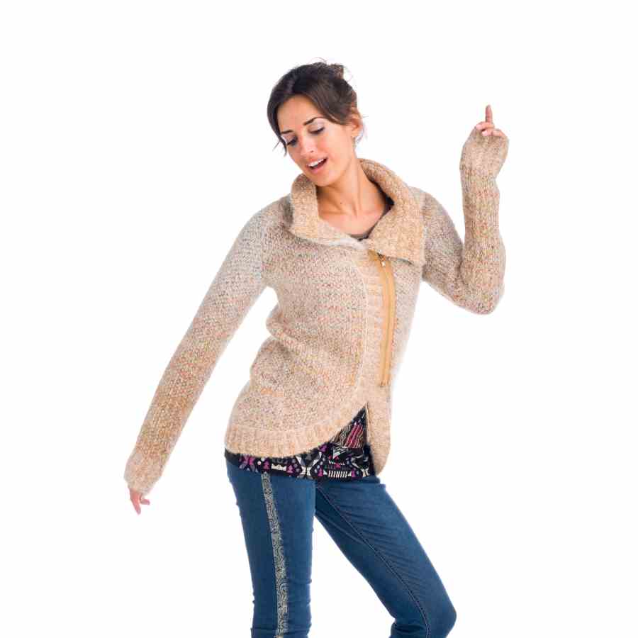 Chaqueta de Punto Mujer Cuello Solapa y Cremallera Beige – Koroshi