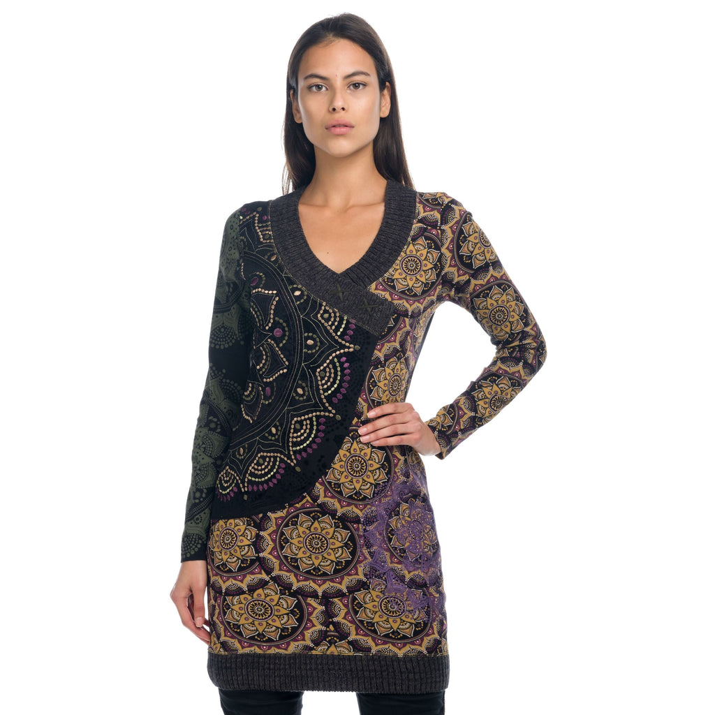 Vestido Punto Mujer Manga Larga Cuello Pico Mandalas – Koroshi 1822VS34