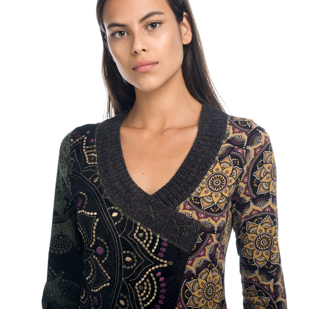 Vestido Punto Mujer Manga Larga Cuello Pico Mandalas – Koroshi 1822VS34