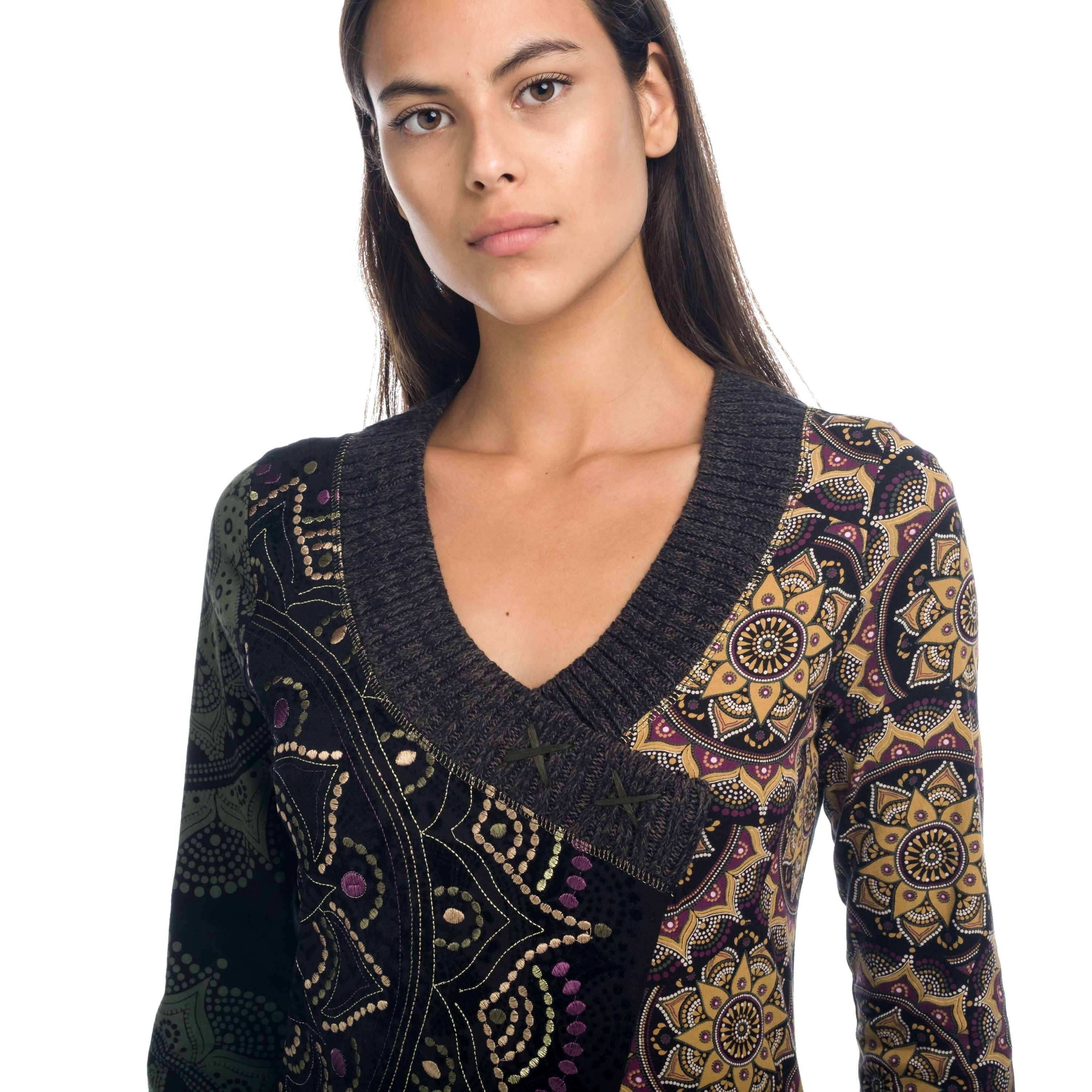 Vestido Punto Mujer Manga Larga Cuello Pico Mandalas – Koroshi 1822VS34