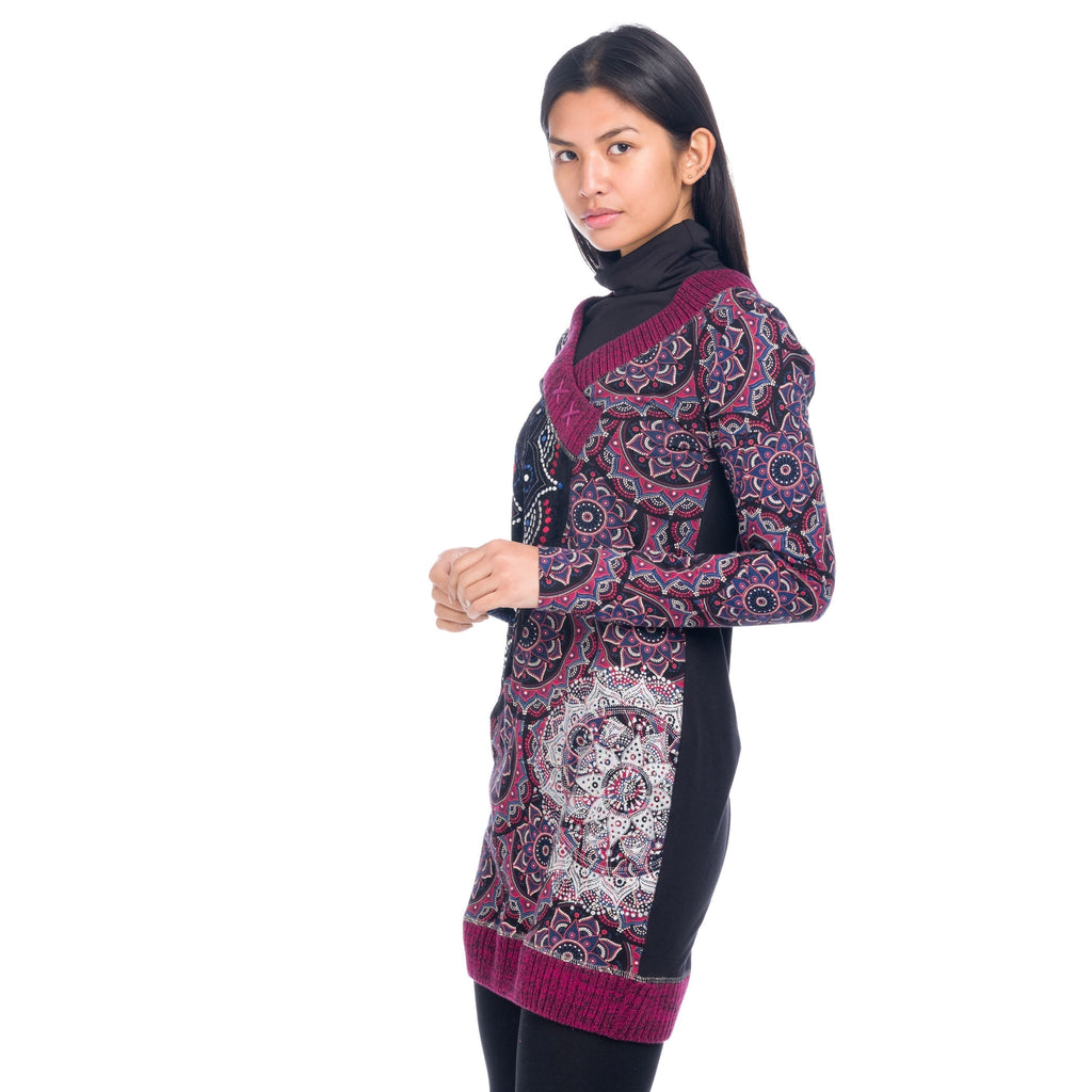 Vestido Punto Mujer Manga Larga Cuello Pico Mandalas – Koroshi 1822VS34