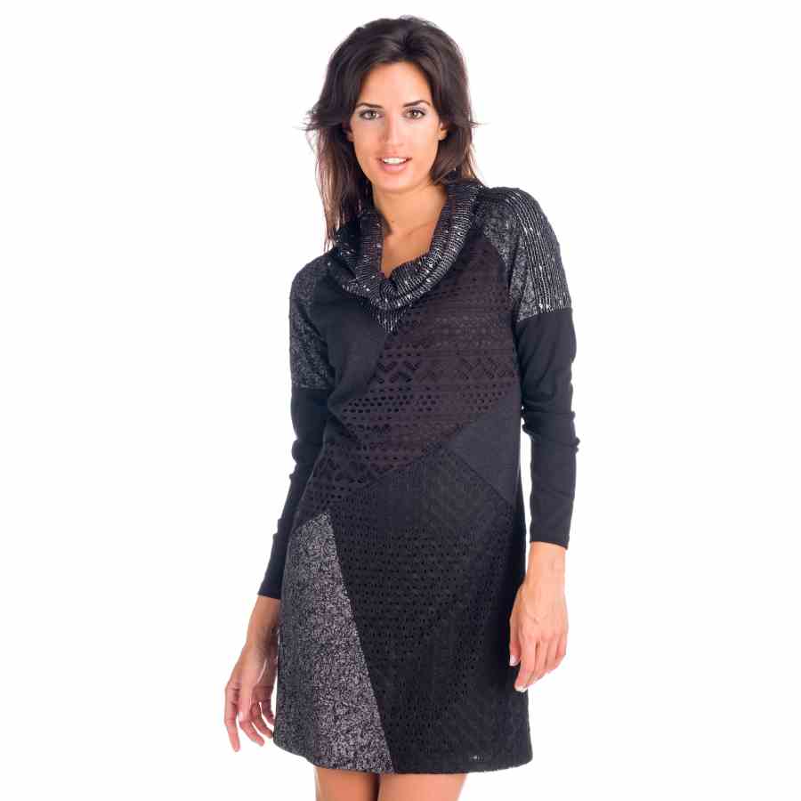 Vestido Estampado Mujer Cuello Chimenea Manga Larga – Koroshi Negro