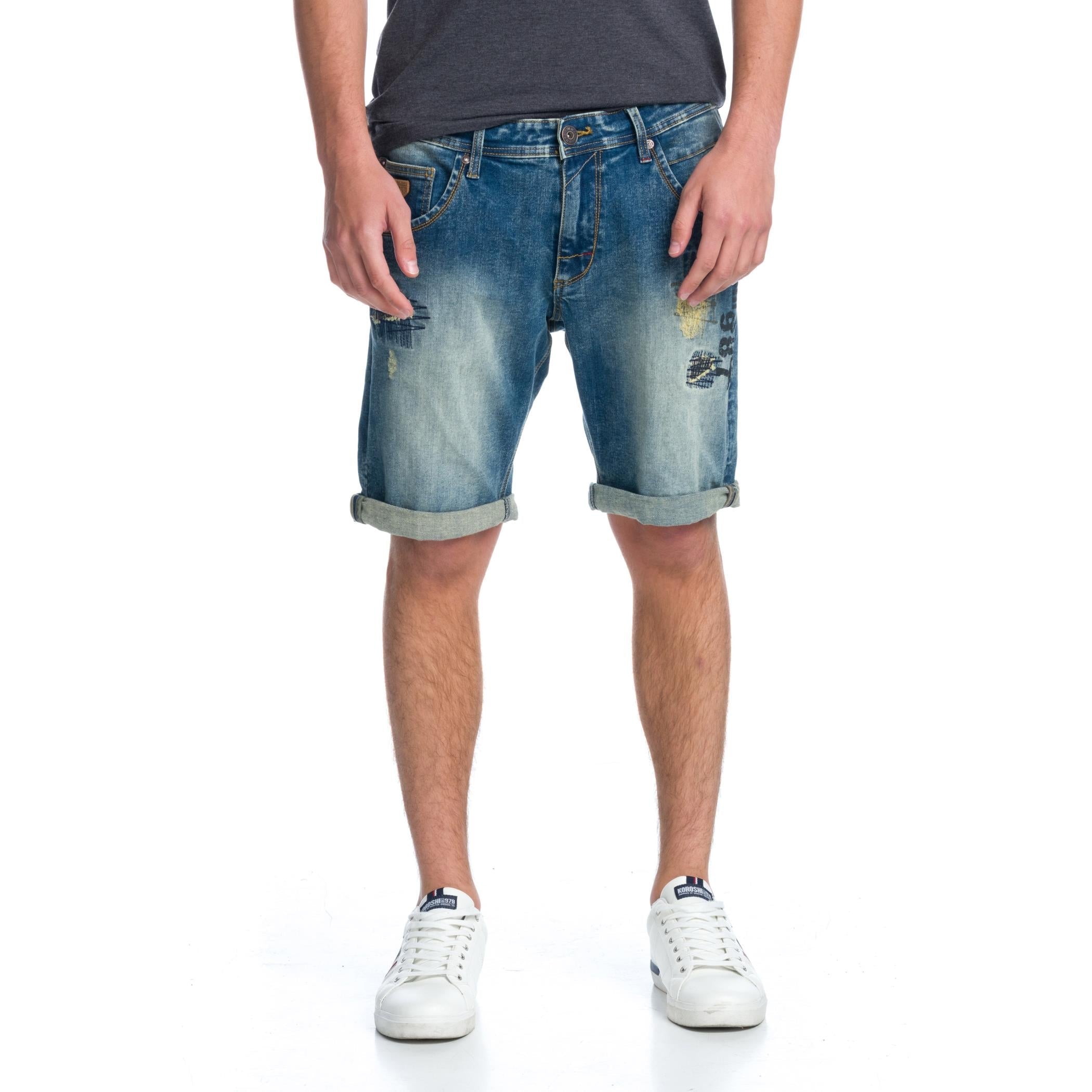 Bermuda Vaquera Hombre Stretch Desgastada Rotos – Koroshi Azul Medio