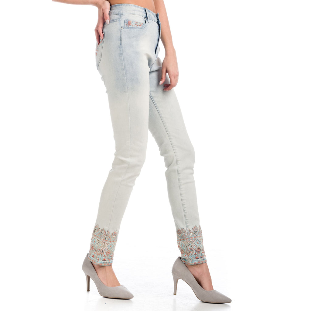 Vaquero Slim Mujer Tiro Alto con Lentejuelas en el Bajo – Koroshi Azul Bleach