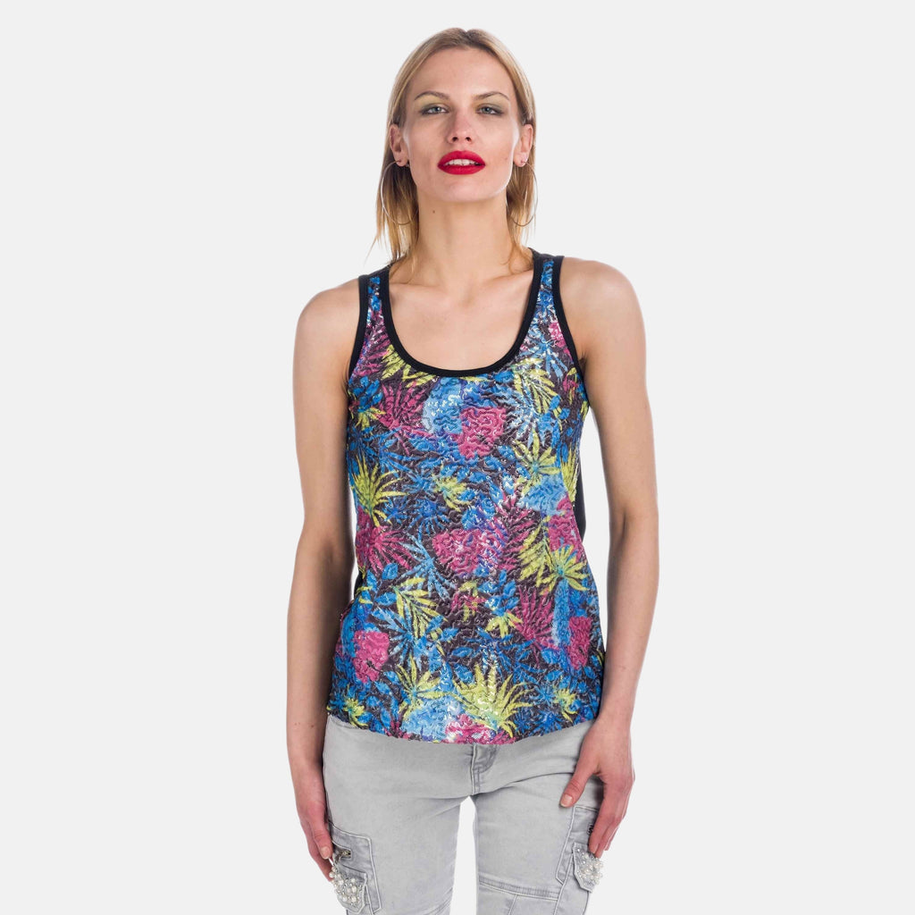 Top Sin Mangas Mujer Lentejuelas Estampado Palmeras – Koroshi Multicolor
