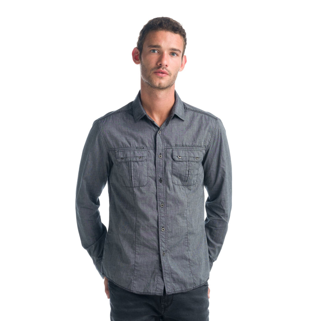 Camisa Hombre Manga Larga Fil a Fil Bolsillos Solapa Negra – Koroshi