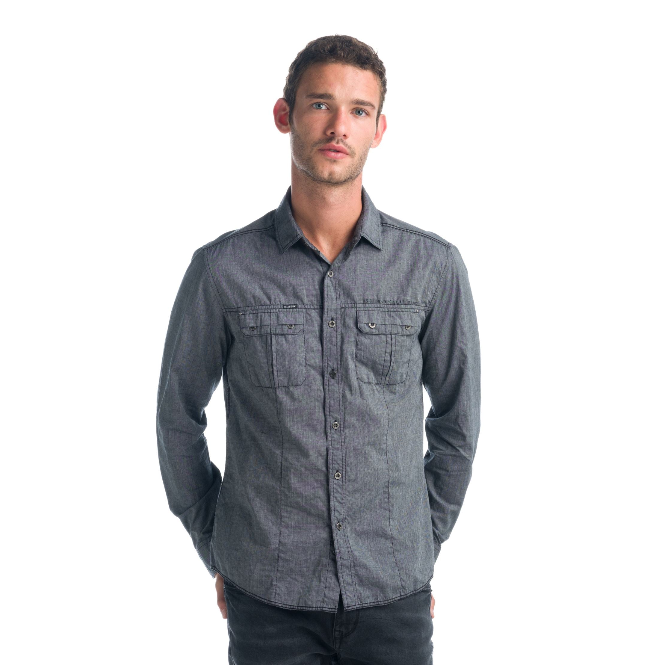 Camisa Hombre Manga Larga Fil a Fil Bolsillos Solapa Negra – Koroshi