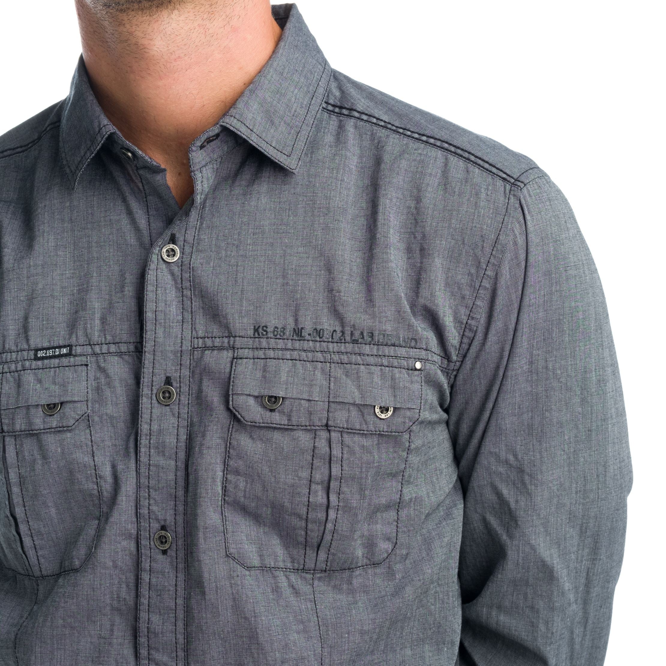 Camisa Hombre Manga Larga Fil a Fil Bolsillos Solapa Negra – Koroshi