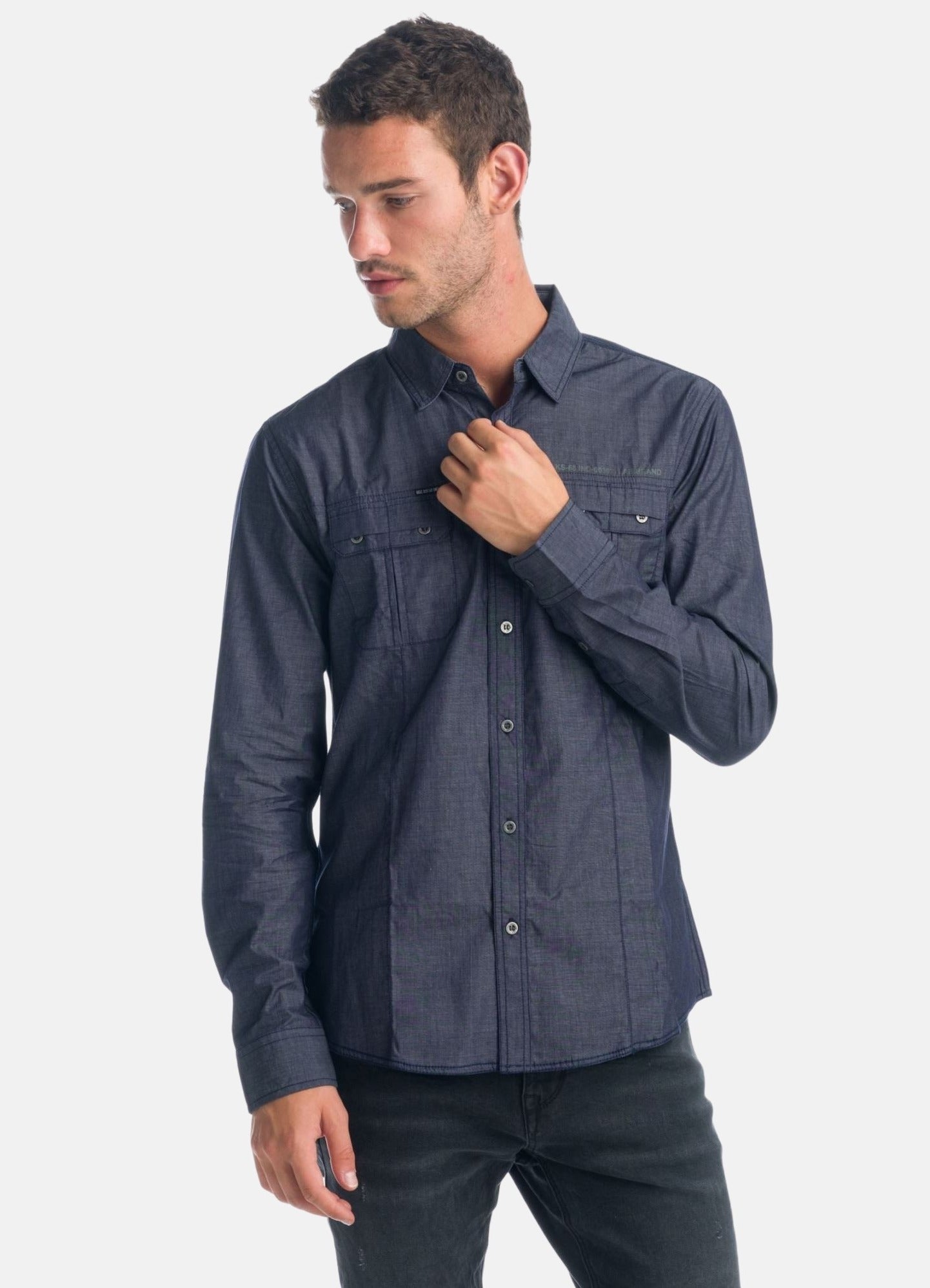 Camisa Hombre Manga Larga Fil a Fil Bolsillos Solapa Azul – Koroshi