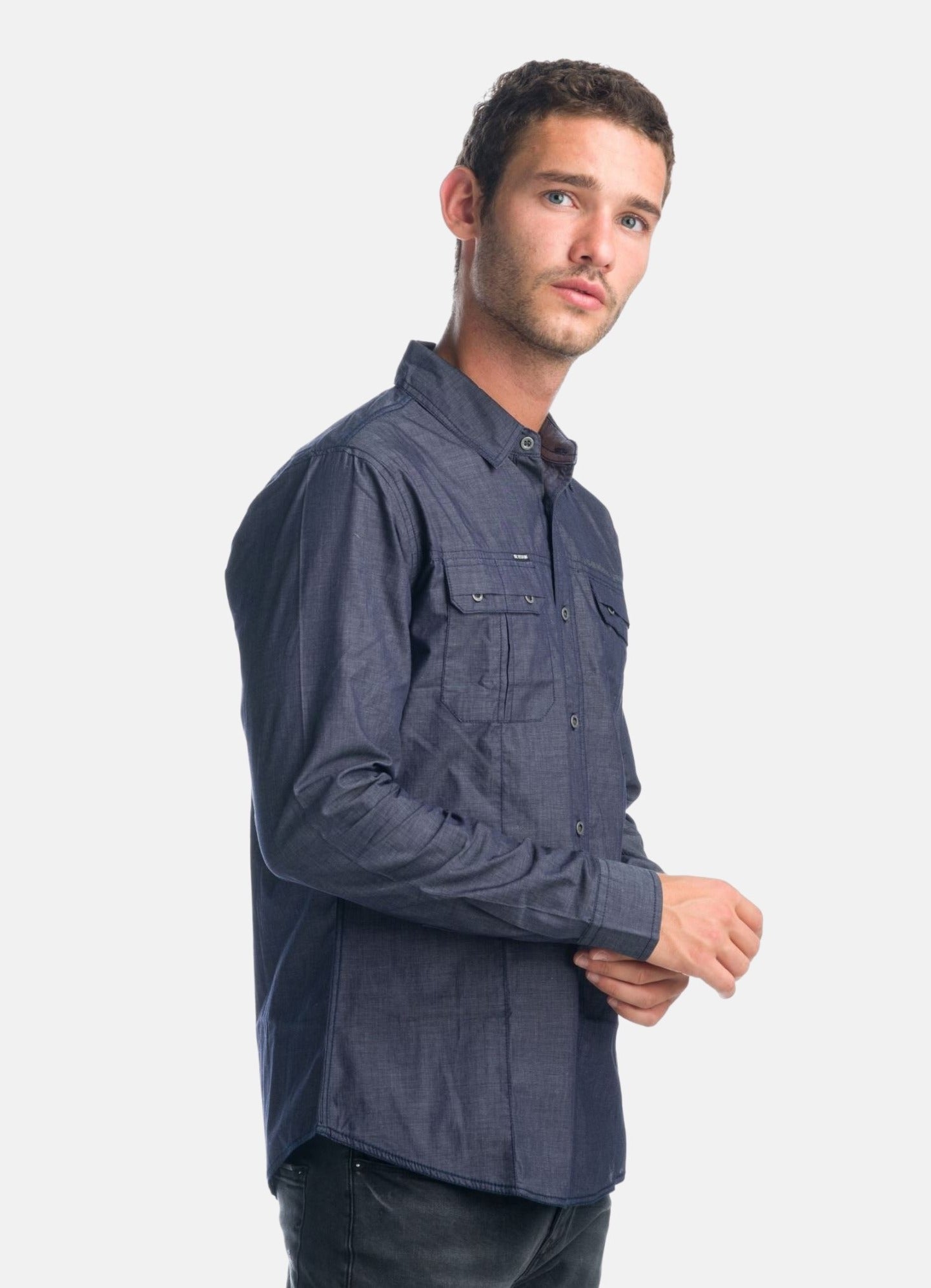Camisa Hombre Manga Larga Fil a Fil Bolsillos Solapa Azul – Koroshi