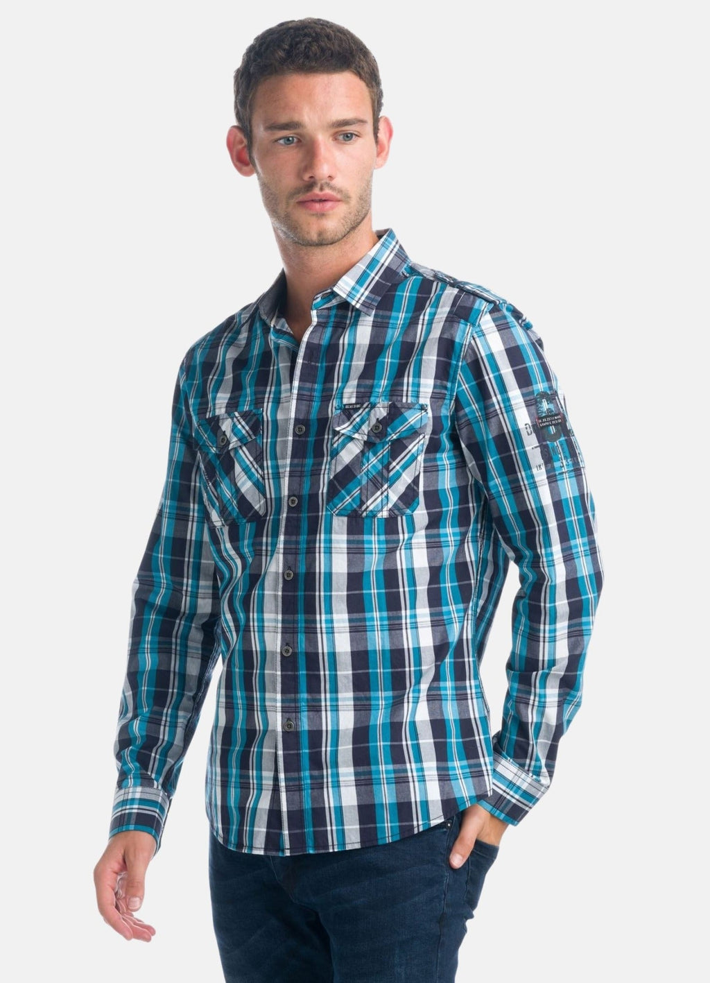 Camisa Hombre Manga Larga Cuadros Popelín Charreteras – Koroshi 1921CL55
