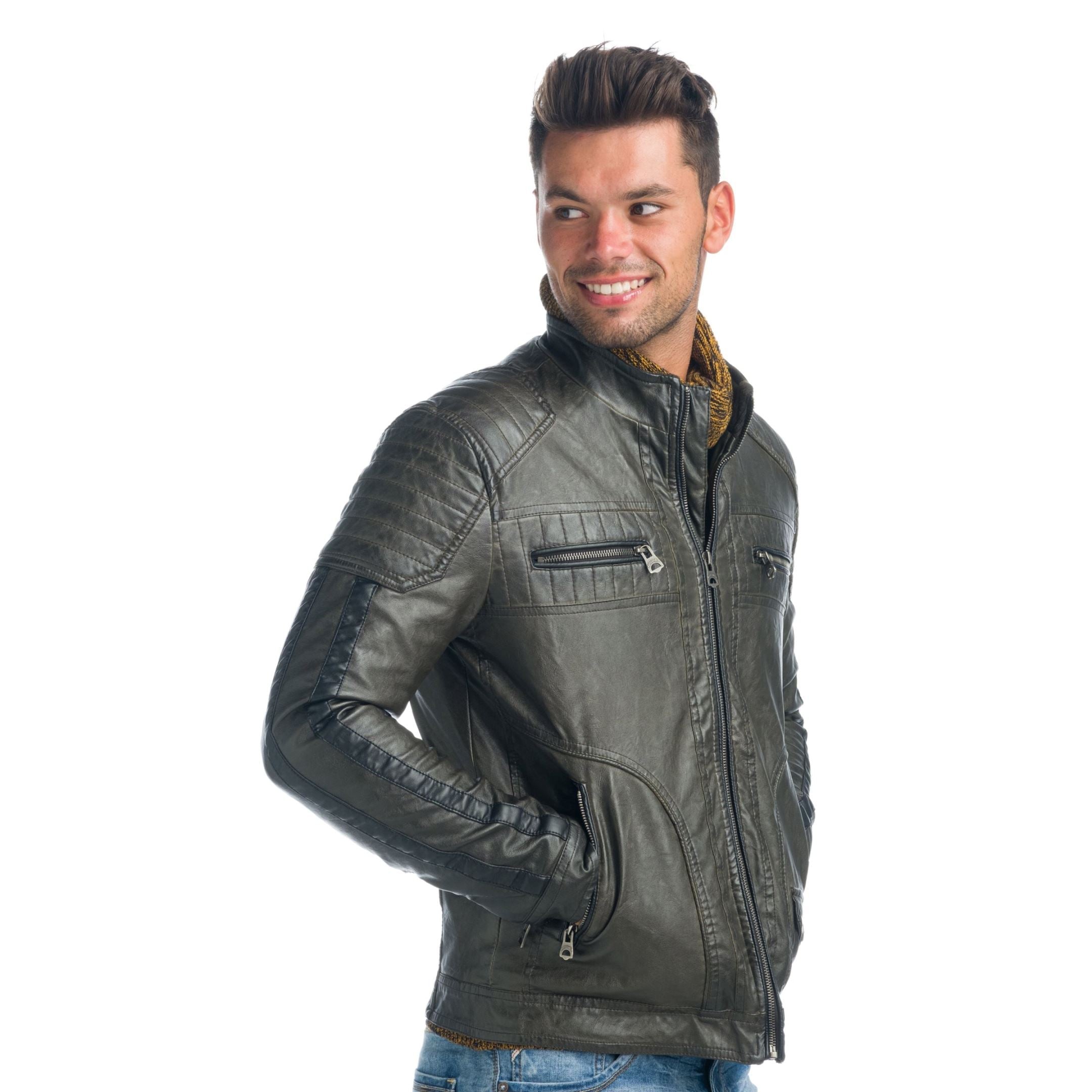 Cazadora Biker Hombre Efecto Piel Cuello Alto Acolchada – Koroshi 1921JA04