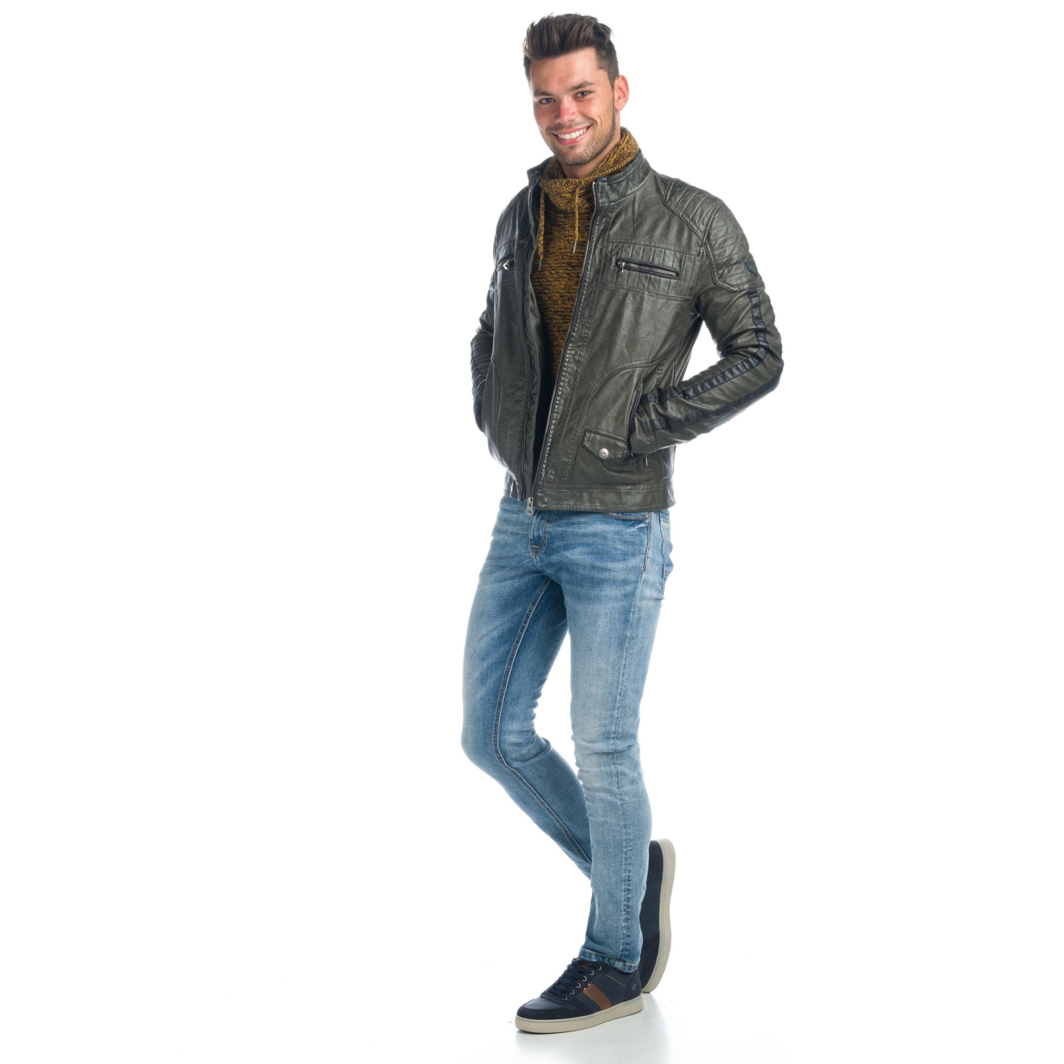 Cazadora Biker Hombre Efecto Piel Cuello Alto Acolchada – Koroshi 1921JA04
