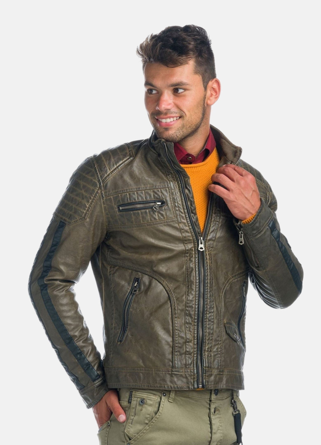 Cazadora Biker Hombre Efecto Piel Cuello Alto Acolchada – Koroshi 1921JA04