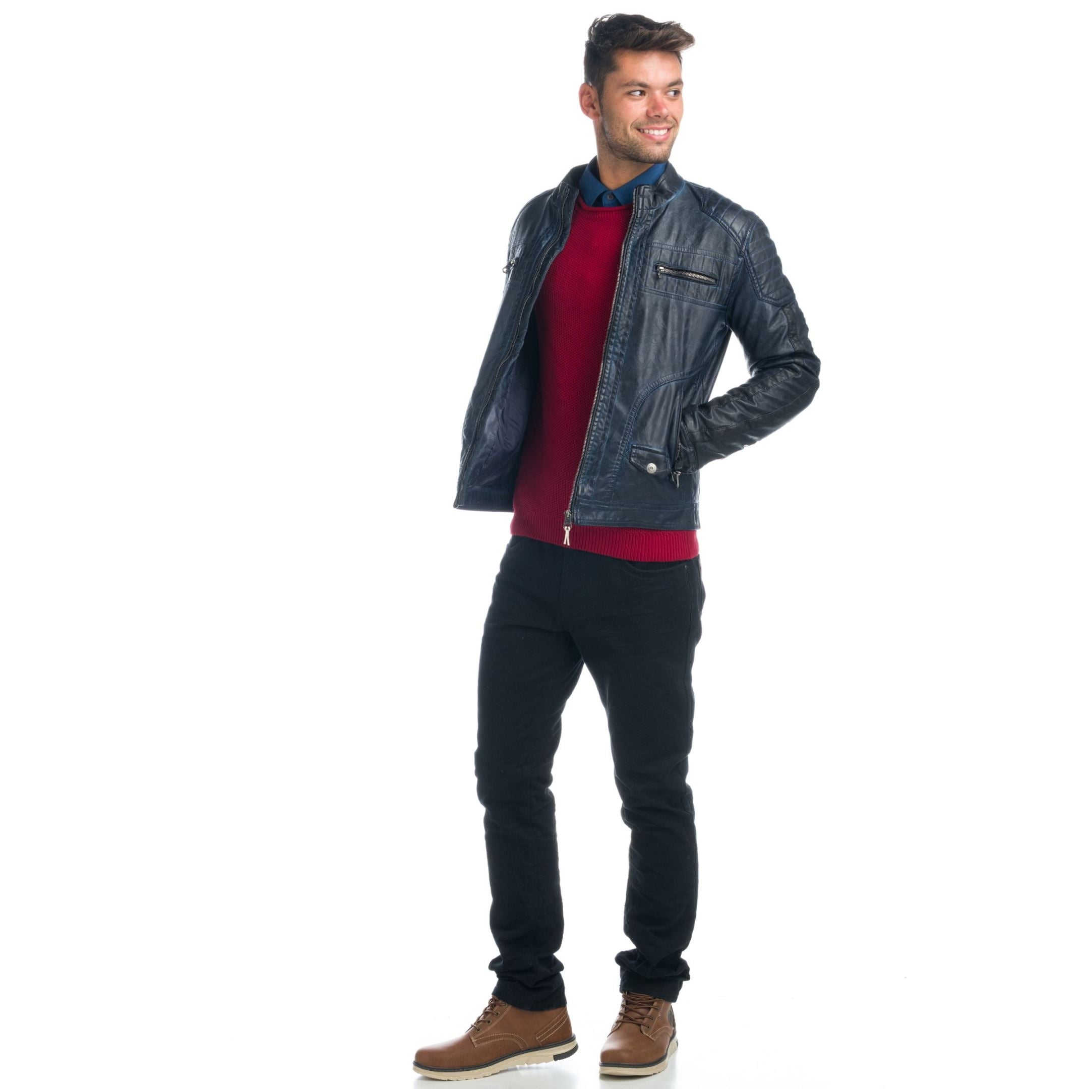 Cazadora Biker Hombre Efecto Piel Cuello Alto Acolchada – Koroshi 1921JA04