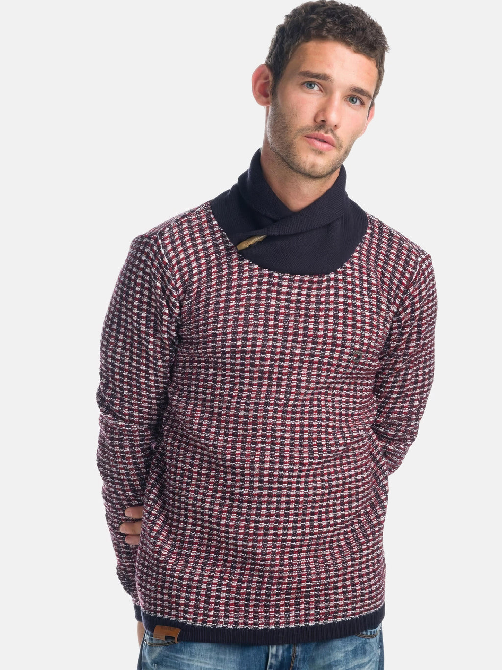Jersey Hombre Punto Fantasía Cuello Alto Contraste – Koroshi Rojo