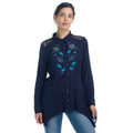Camisa Larga Mujer Bordado Mariposas – Koroshi Azul Marino