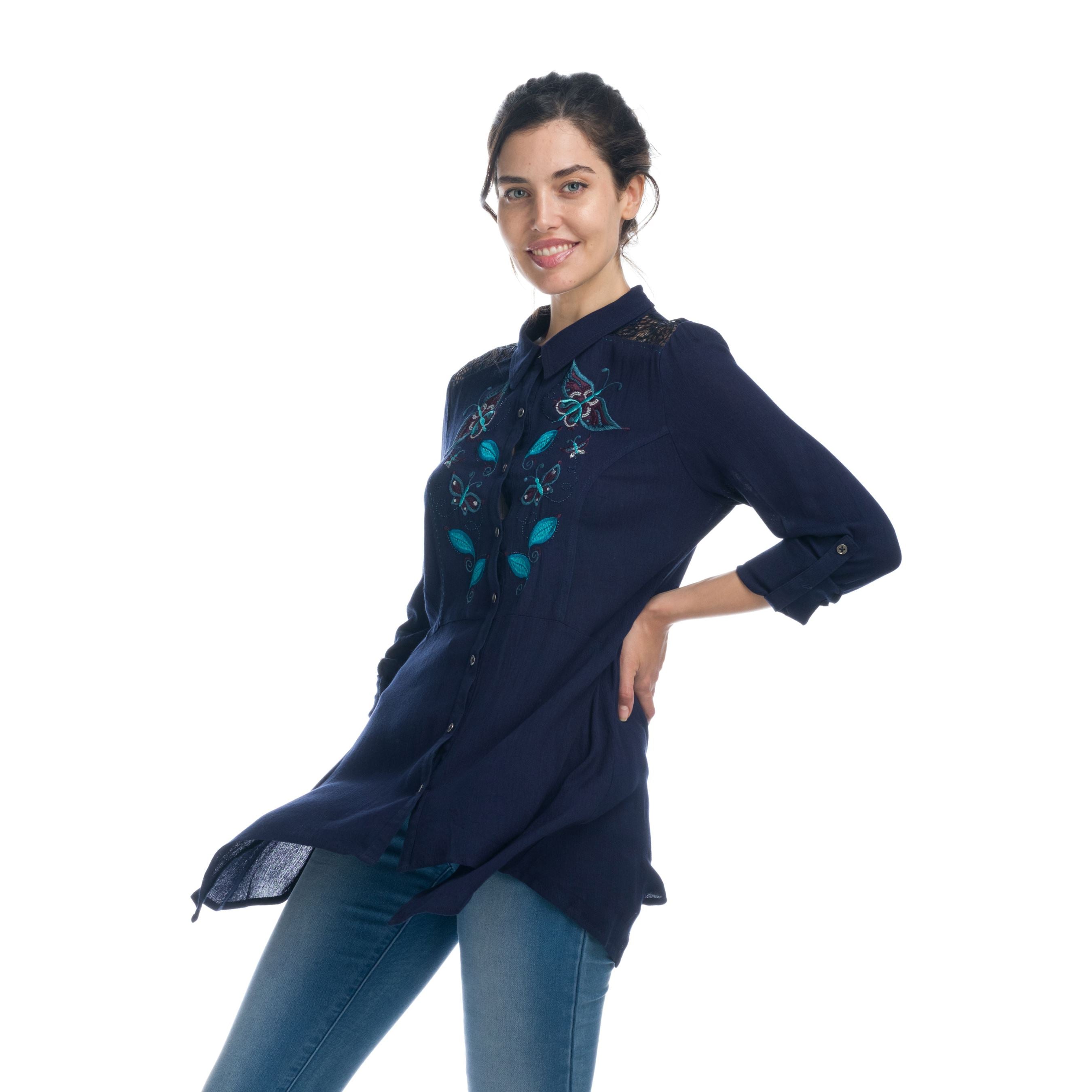 Camisa Larga Mujer Bordado Mariposas – Koroshi Azul Marino