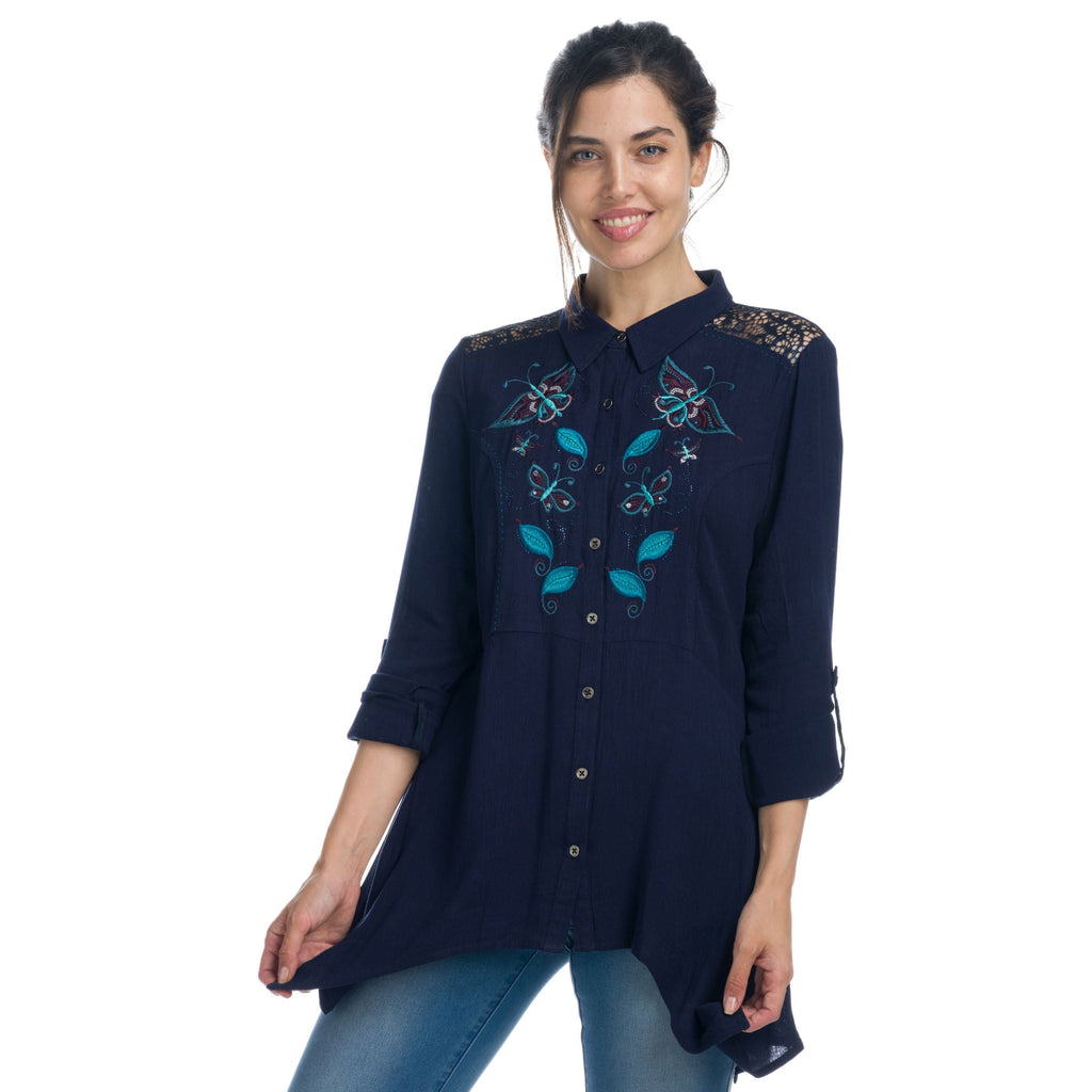 Camisa Larga Mujer Bordado Mariposas – Koroshi Azul Marino