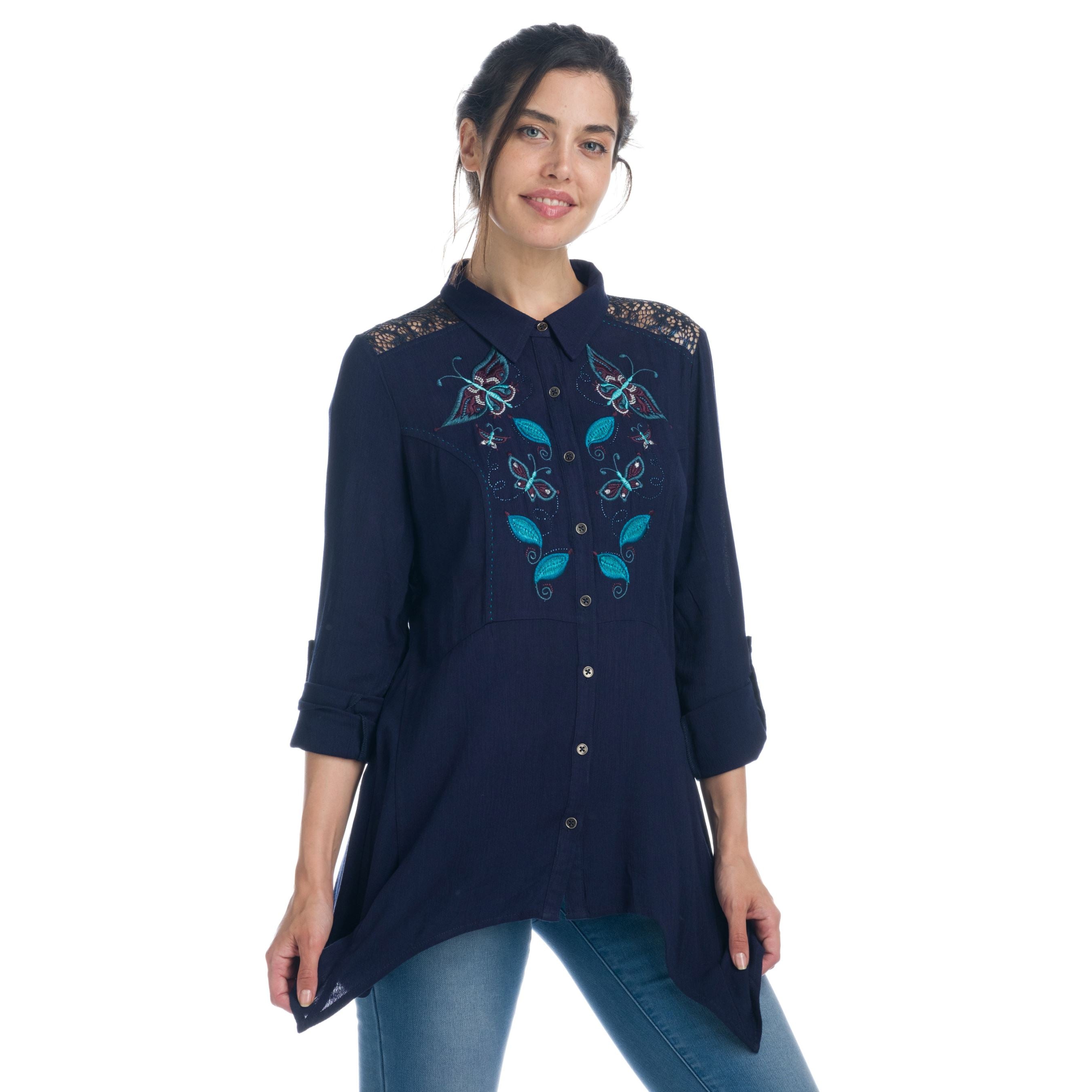 Camisa Larga Mujer Bordado Mariposas – Koroshi Azul Marino