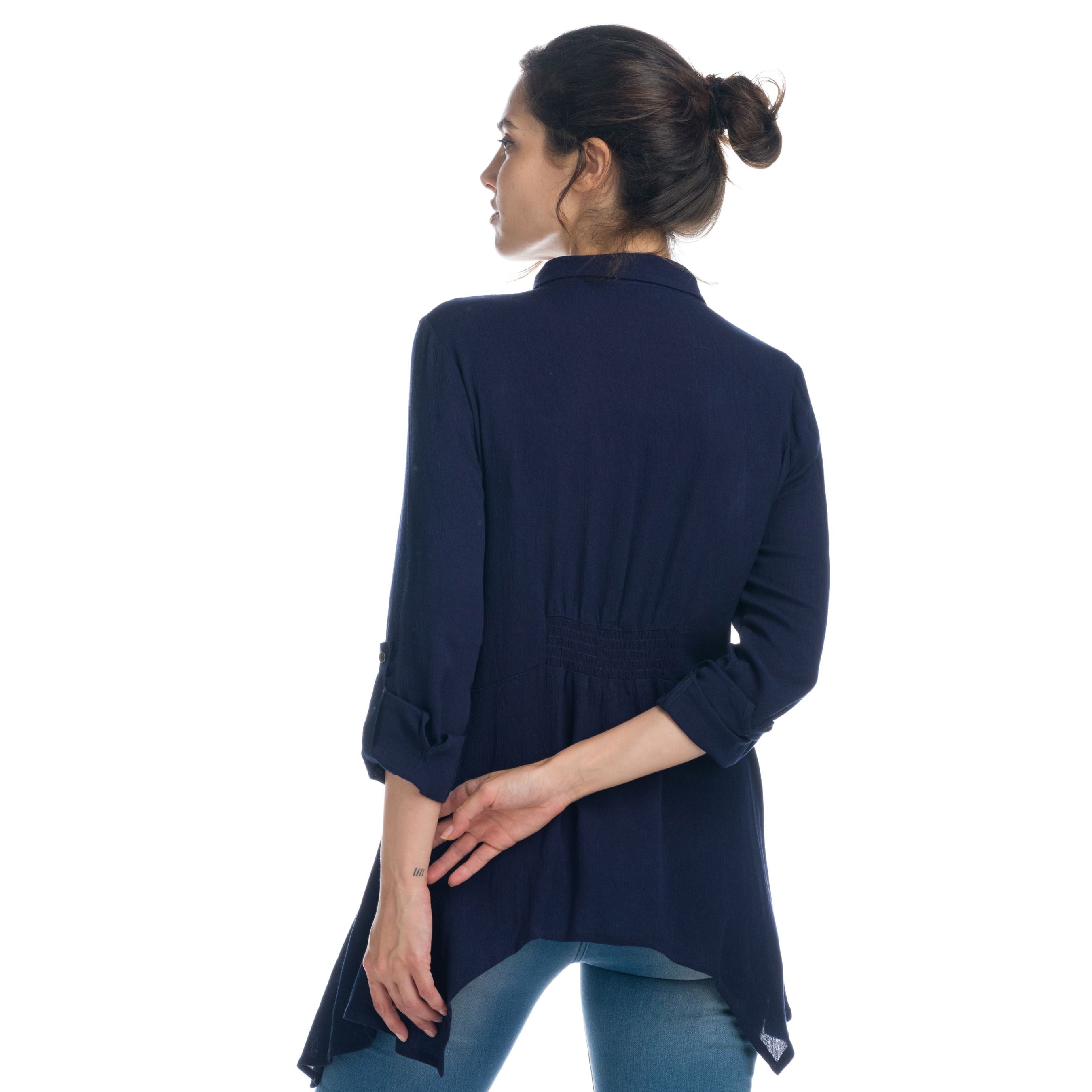 Camisa Larga Mujer Bordado Mariposas – Koroshi Azul Marino