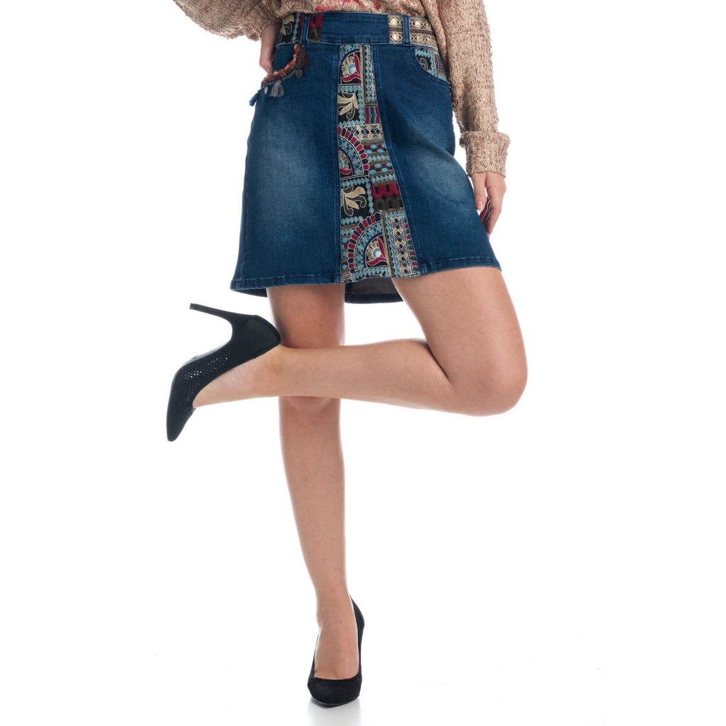 Falda Denim Evasé Mujer Bordados y Espejos – Koroshi Azul Medio