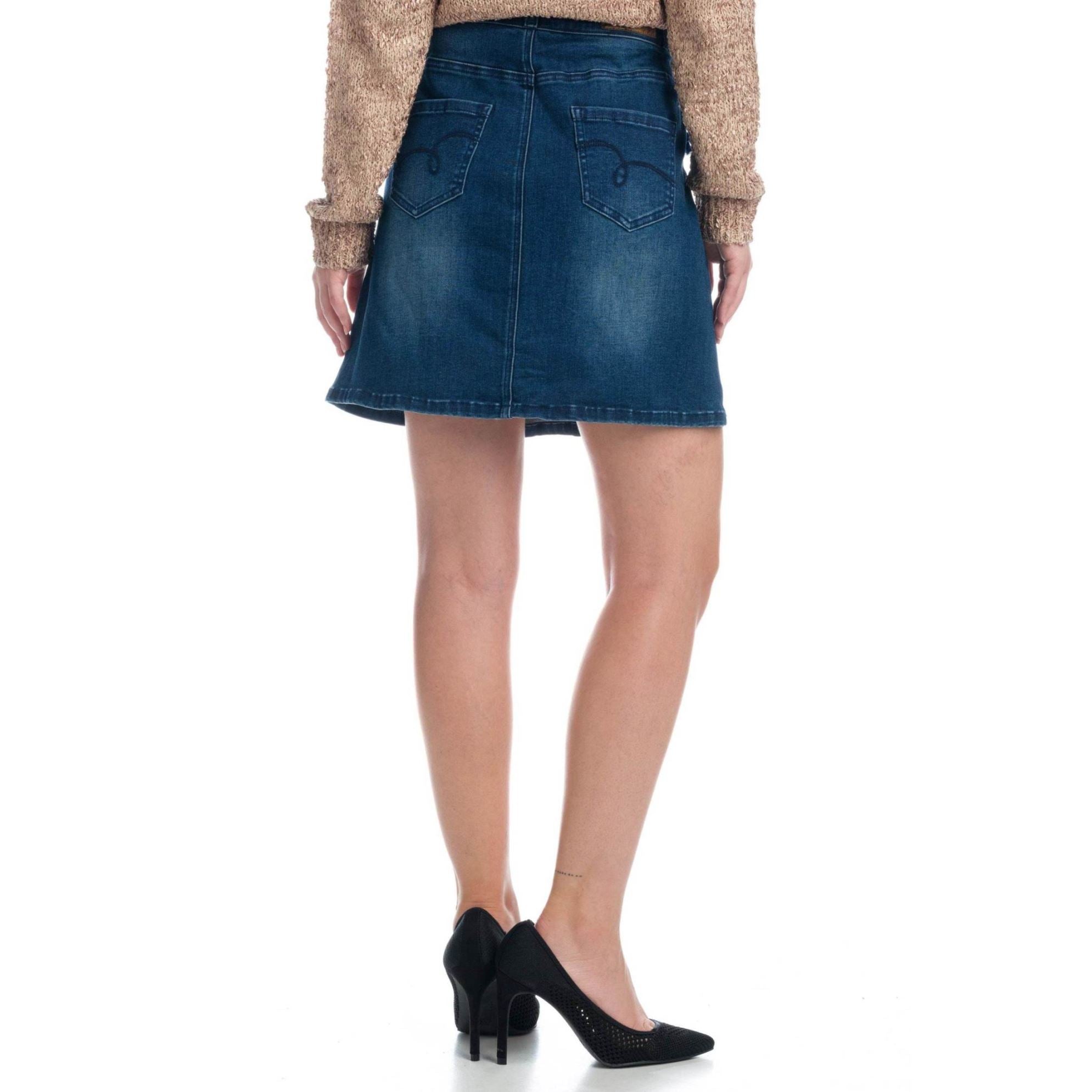 Falda Denim Evasé Mujer Bordados y Espejos – Koroshi Azul Medio
