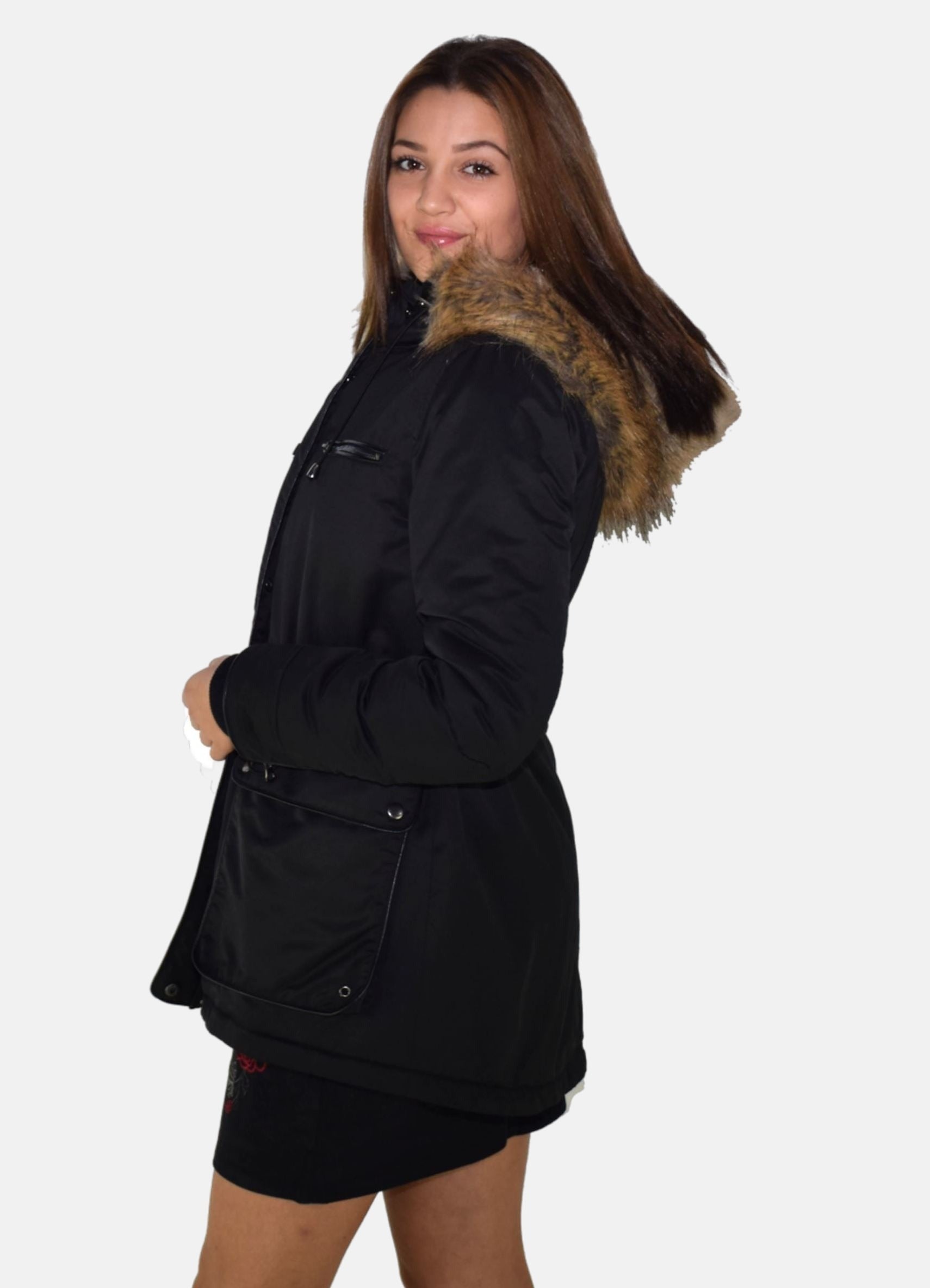 Cazadora Parka Mujer con Capucha de Pelo Sintético – Koroshi Negro