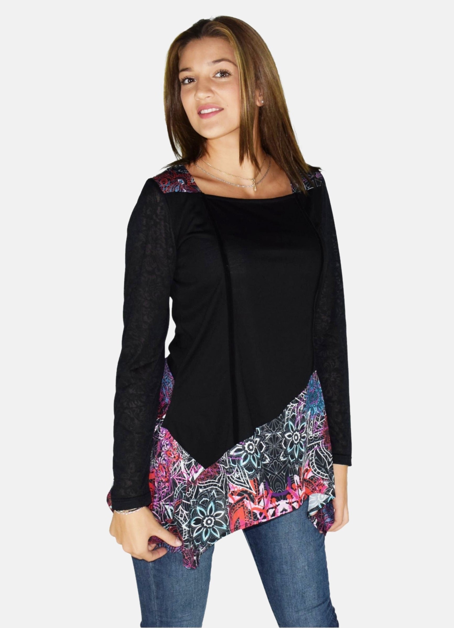 Camiseta Manga Larga Mujer con Bajo Asimétrico Estampado – Koroshi Negro