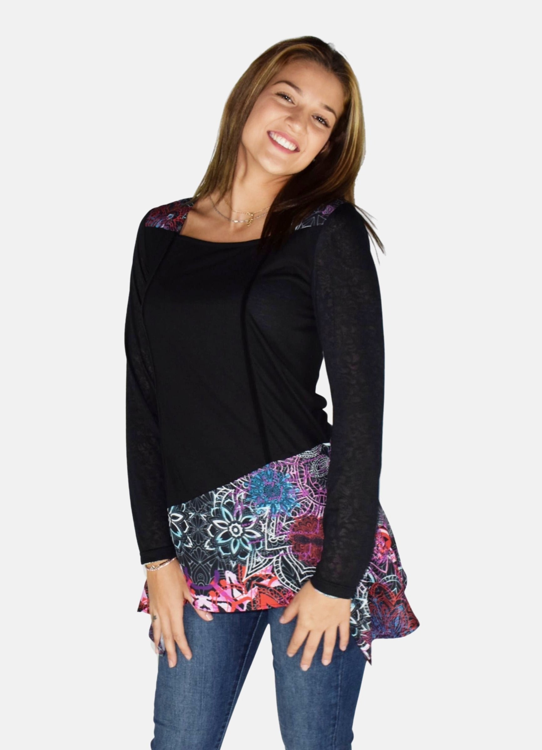 Camiseta Manga Larga Mujer con Bajo Asimétrico Estampado – Koroshi Negro