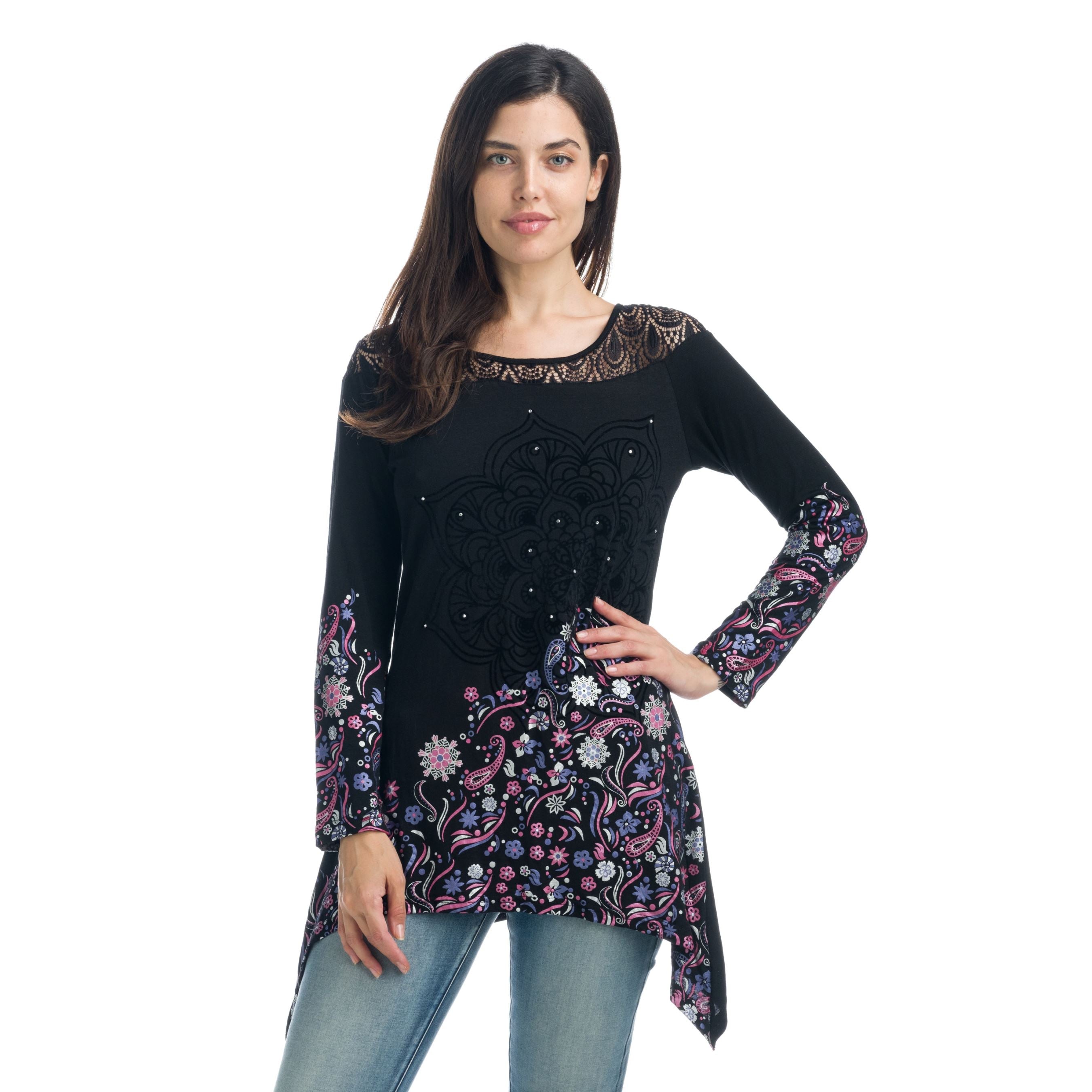 Camiseta Manga Larga Mujer con Encaje y Estampado Flock – Koroshi 1922ML01