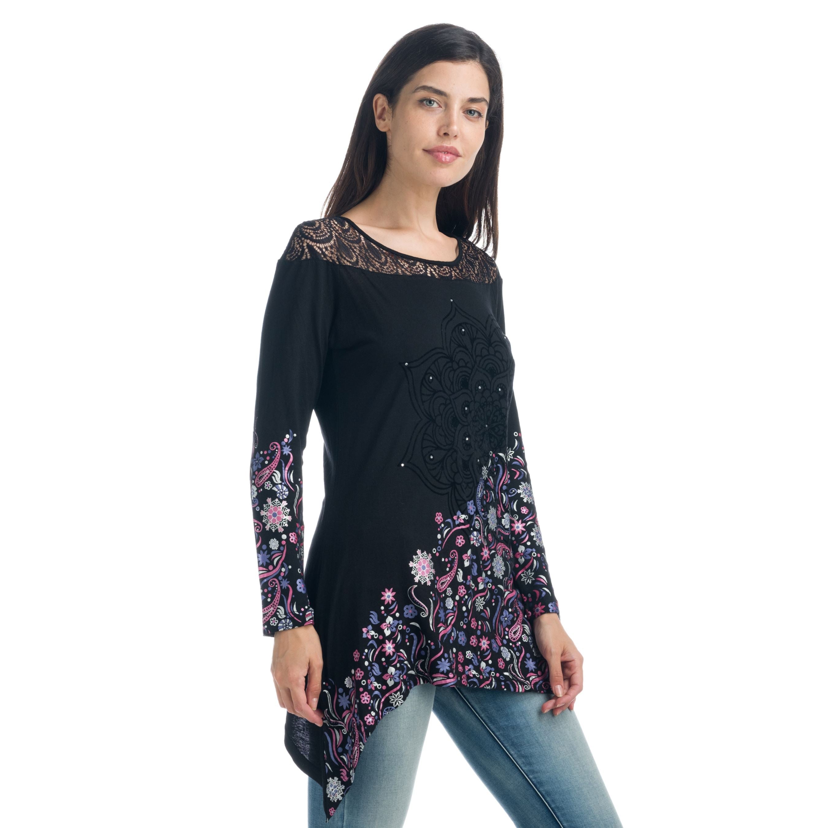 Camiseta Manga Larga Mujer con Encaje y Estampado Flock – Koroshi 1922ML01
