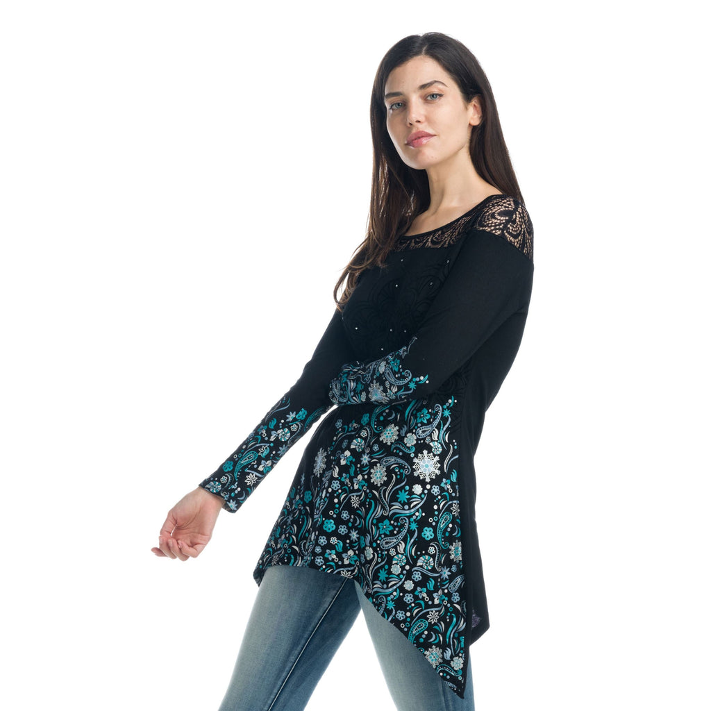 Camiseta Manga Larga Mujer con Encaje y Estampado Flock – Koroshi 1922ML01