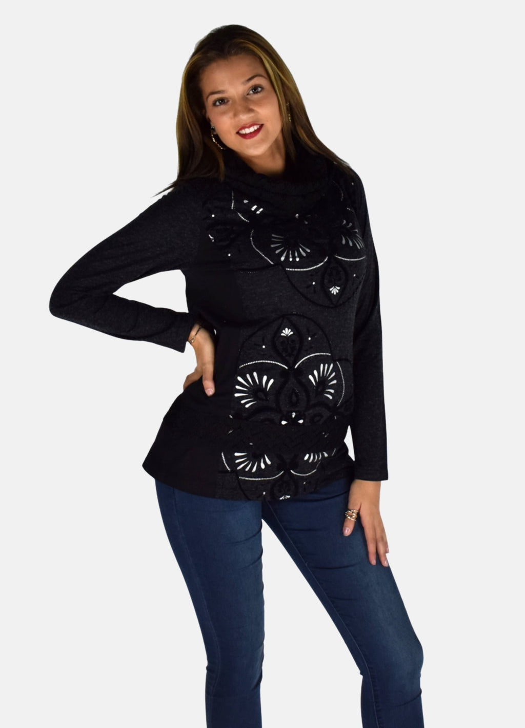 Camiseta Manga Larga Mujer Estampado Flock y Foil Cuello Vuelto – Koroshi 1922ML62