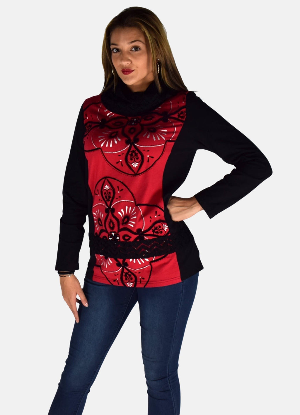 Camiseta Manga Larga Mujer Estampado Flock y Foil Cuello Vuelto – Koroshi 1922ML62
