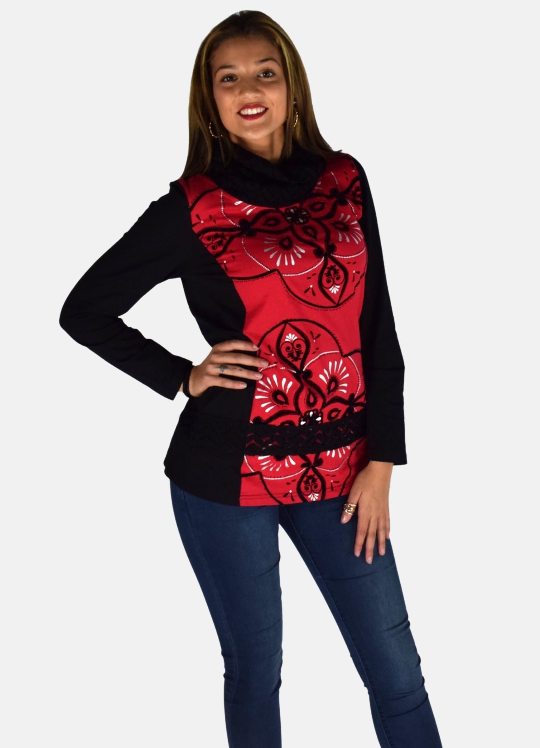 Camiseta Manga Larga Mujer Estampado Flock y Foil Cuello Vuelto – Koroshi 1922ML62