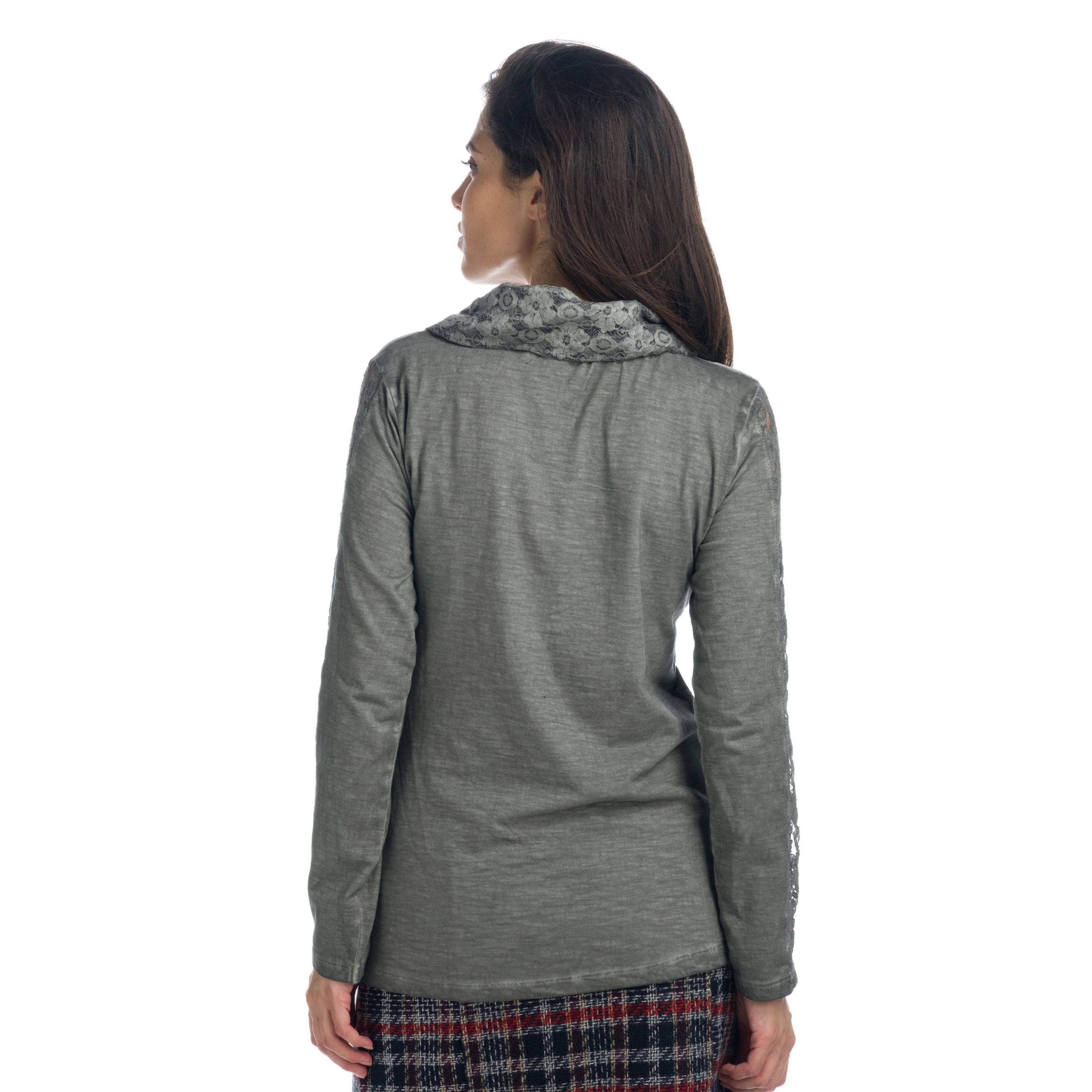 Camiseta Manga Larga Mujer con Encaje y Bordados Cuello Vuelto – Koroshi 1922ML63