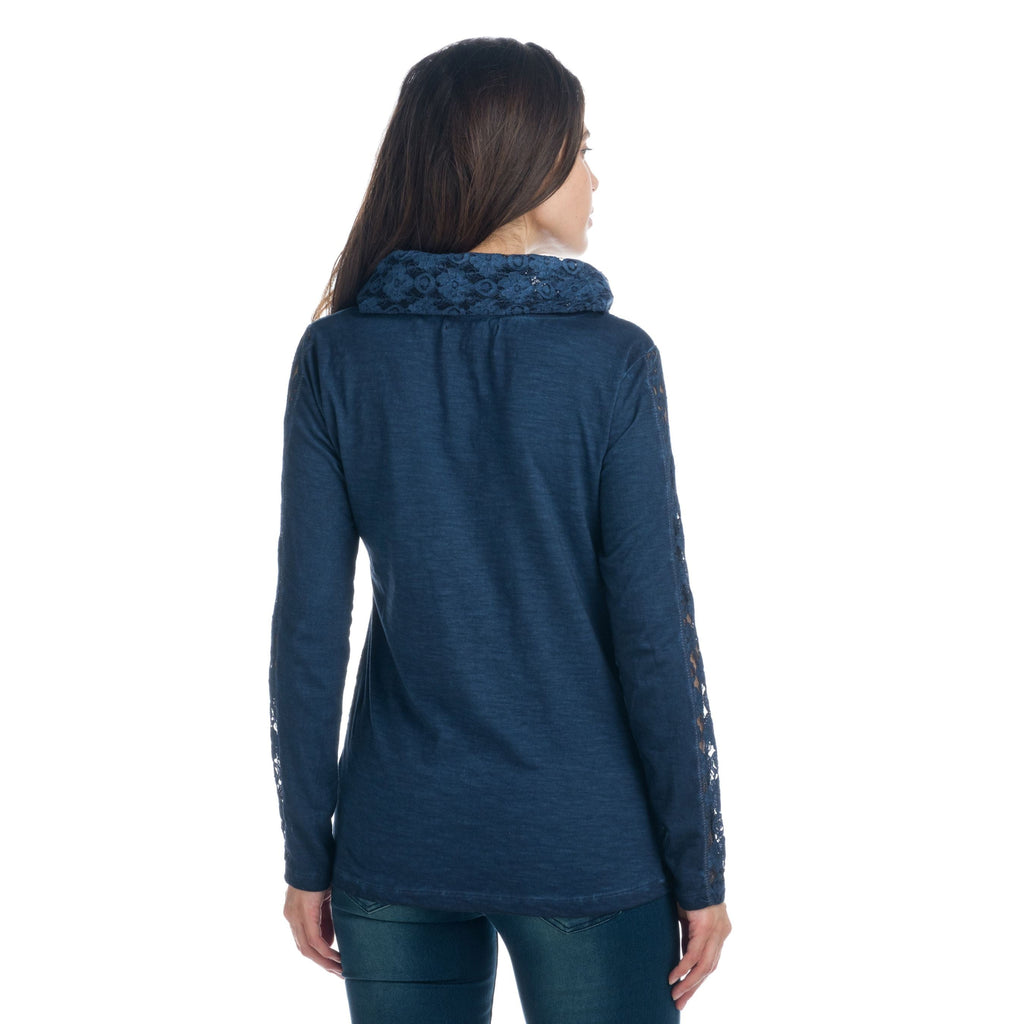 Camiseta Manga Larga Mujer con Encaje y Bordados Cuello Vuelto – Koroshi 1922ML63