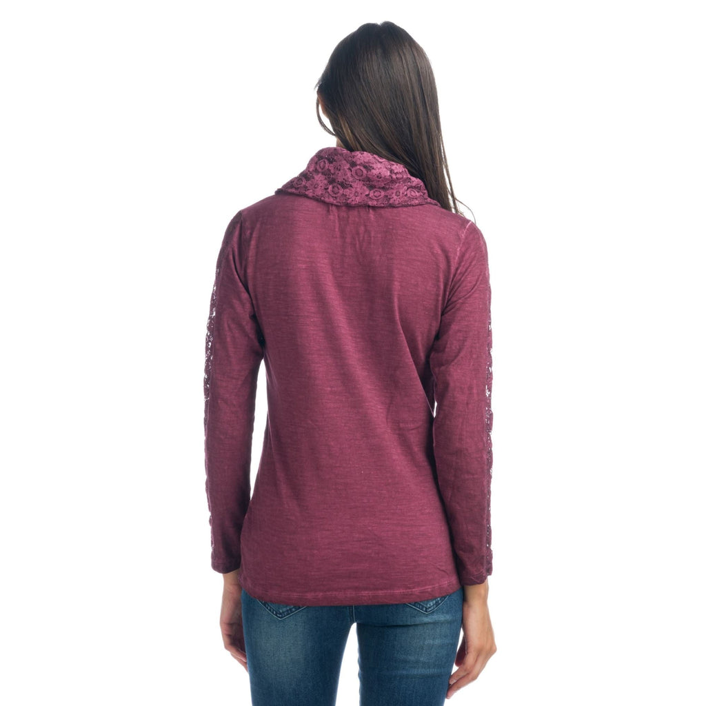 Camiseta Manga Larga Mujer con Encaje y Bordados Cuello Vuelto – Koroshi 1922ML63