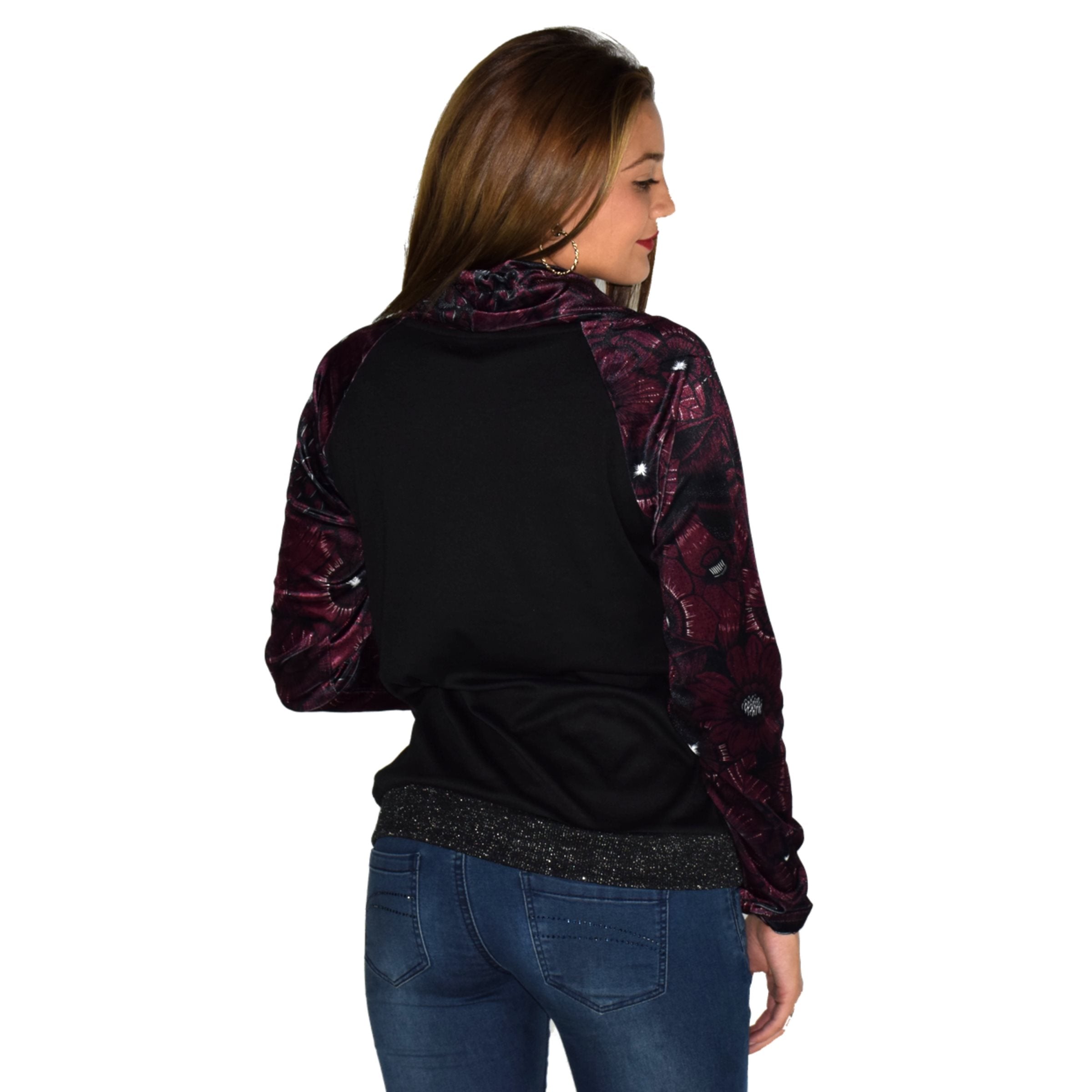 Camiseta Manga Larga Mujer Estampada Cuello Ajustable con Cordón y Lurex – Koroshi 1922ML64