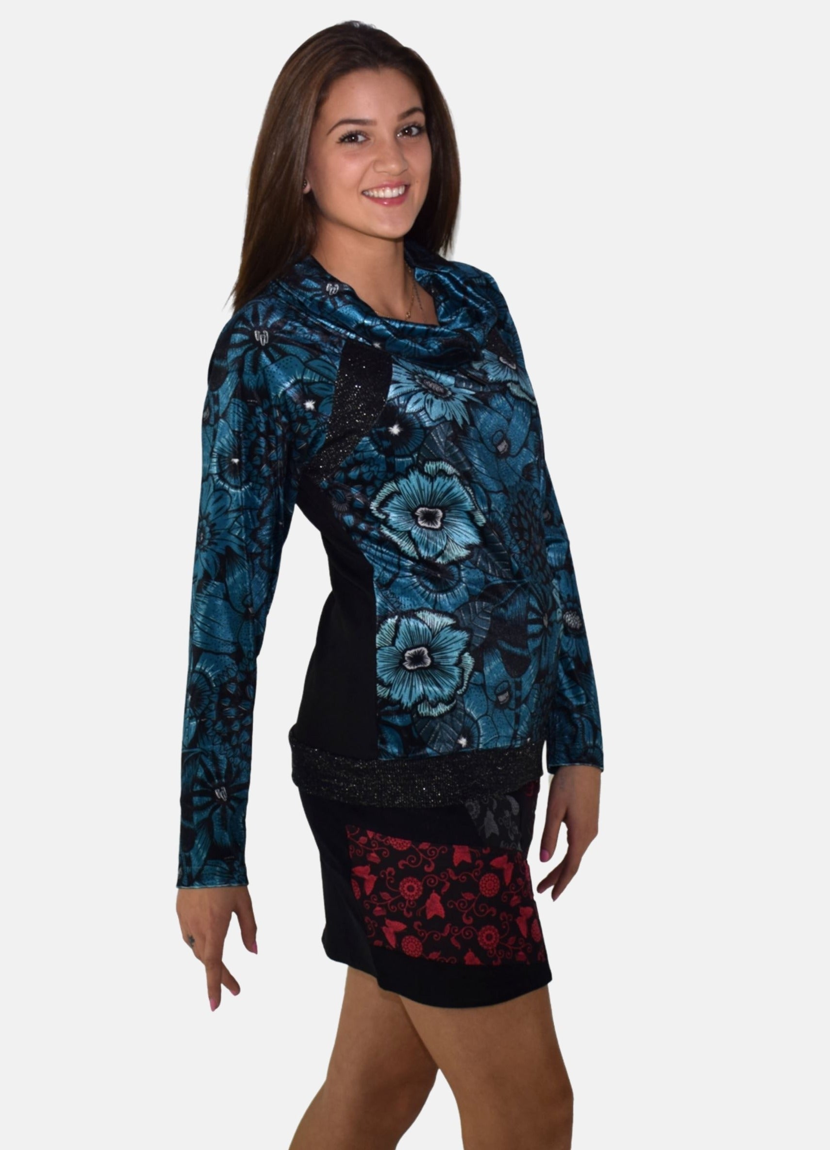 Camiseta Manga Larga Mujer Estampada Cuello Ajustable con Cordón y Lurex – Koroshi 1922ML64