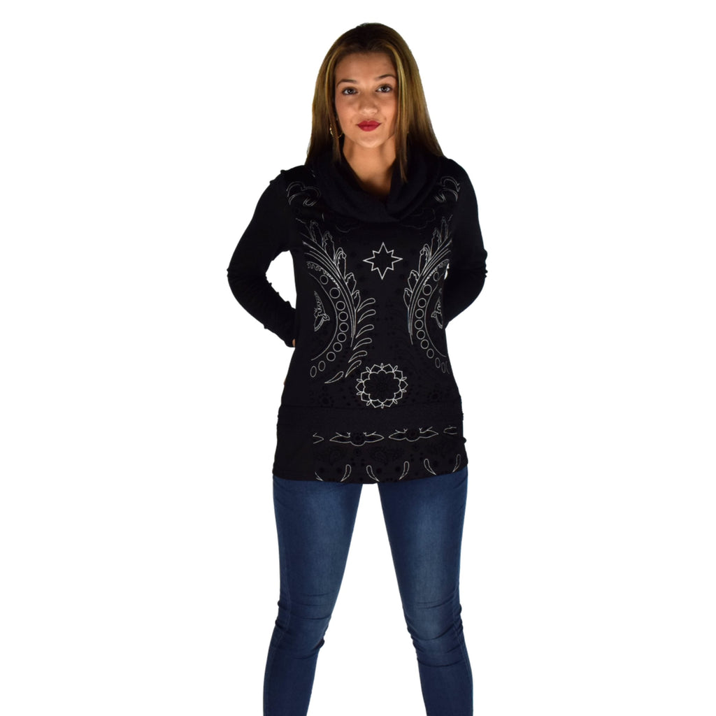 Camiseta Manga Larga Mujer Estampada con Brillantes – Koroshi Negro