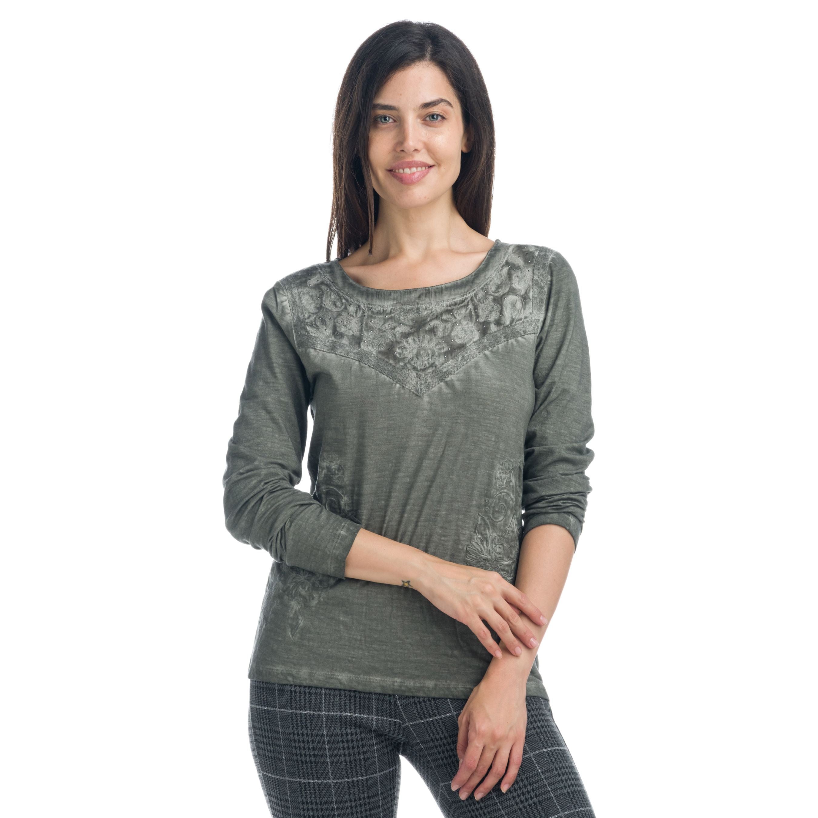 Camiseta Manga Larga Mujer con Bordados y Brillantes – Koroshi 1922ML81