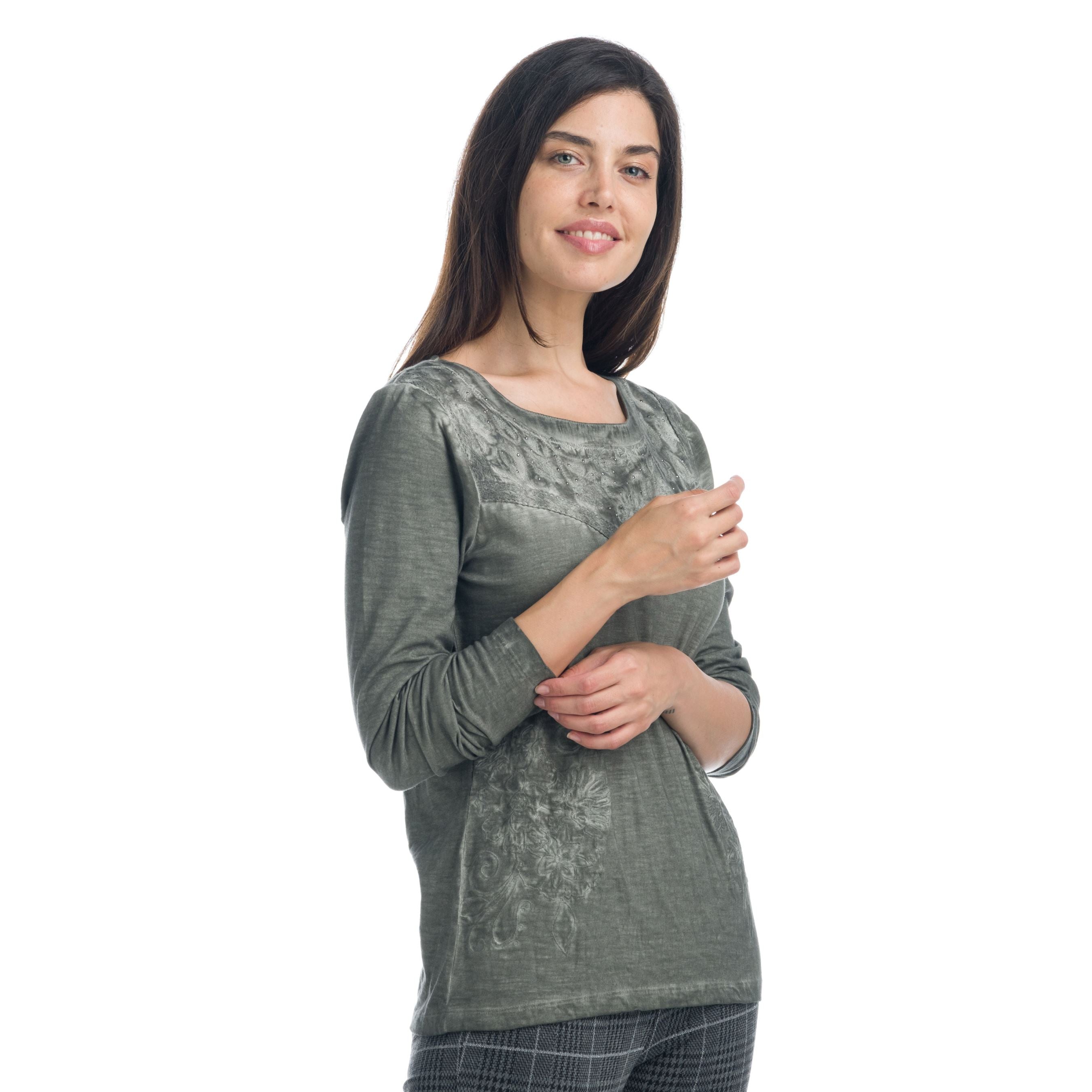 Camiseta Manga Larga Mujer con Bordados y Brillantes – Koroshi 1922ML81
